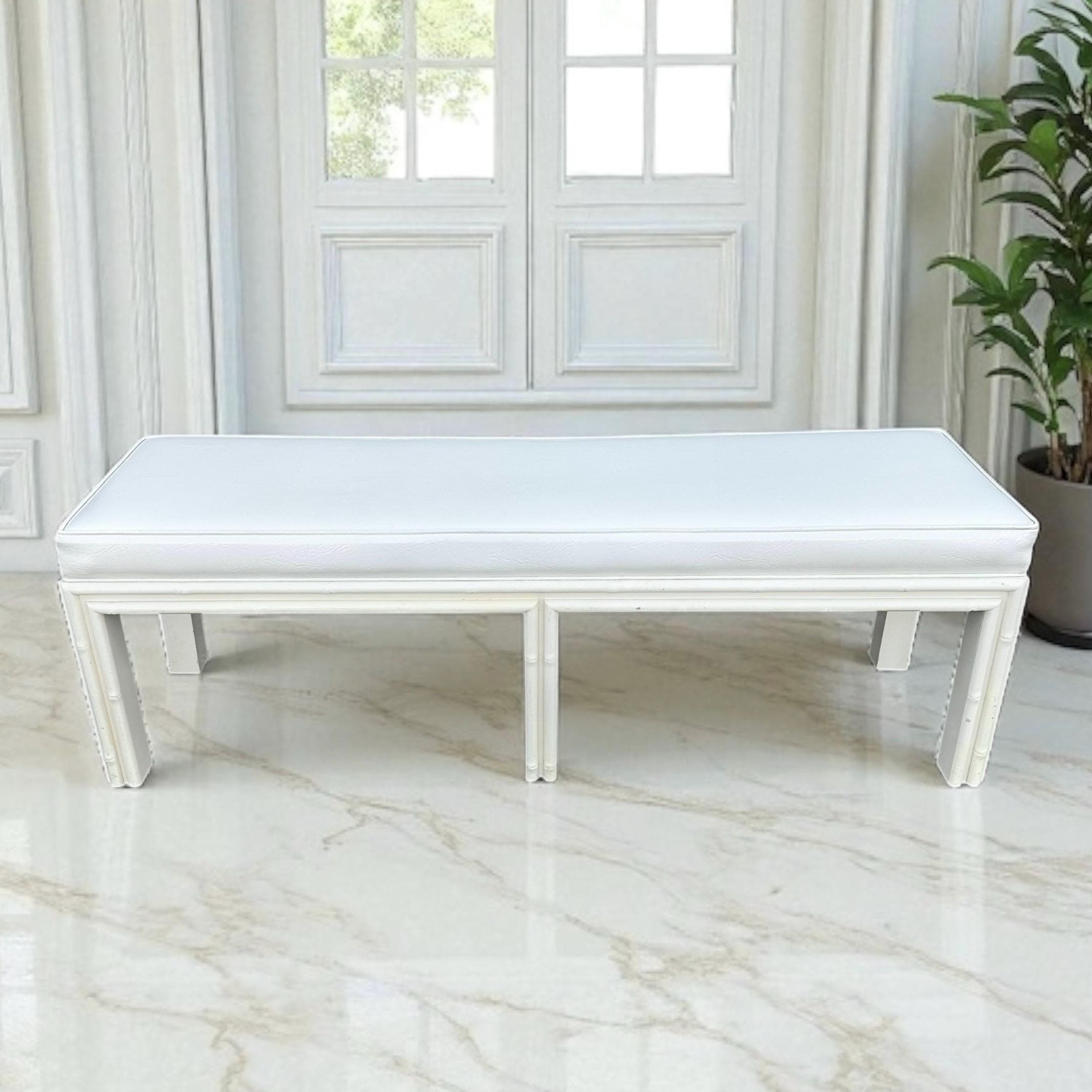 White Hollywood Regency Bench 61” Long - Vintage Faux Bamboo Wood & Leather Like Upholstered Seat - Coastal Mid Century Style Furniture - Image 1