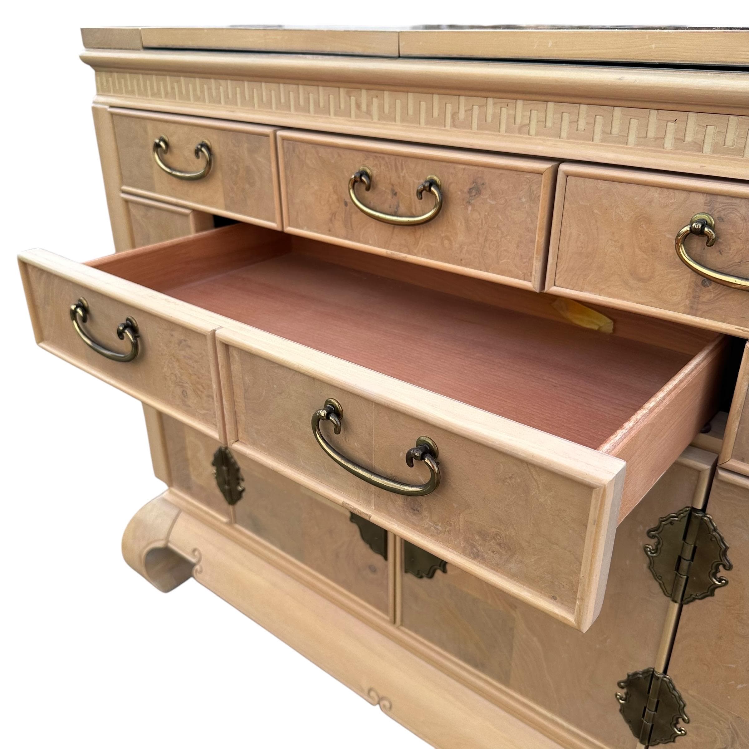 Chinoiserie Server by American of Martinsville 44" - Vintage Blonde Burl Wood, Gold Brass & Expanding Table Ming Asian Sideboard Cabinet - Thumbnail 4