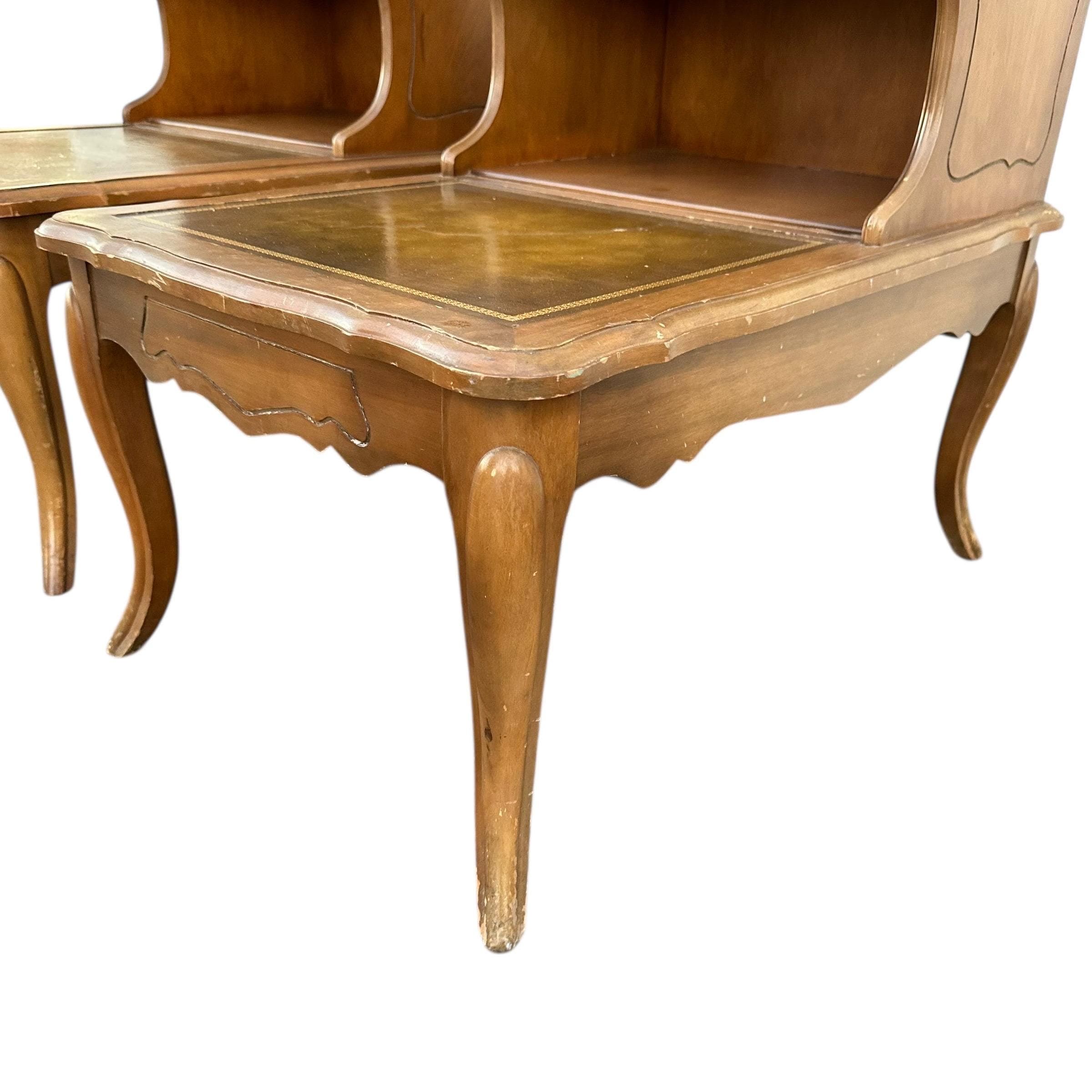 Vintage French Provincial Two Tier Nightstands - Pair of Open Shelf Leather Top Wood Bedside Tables - Thumbnail 7