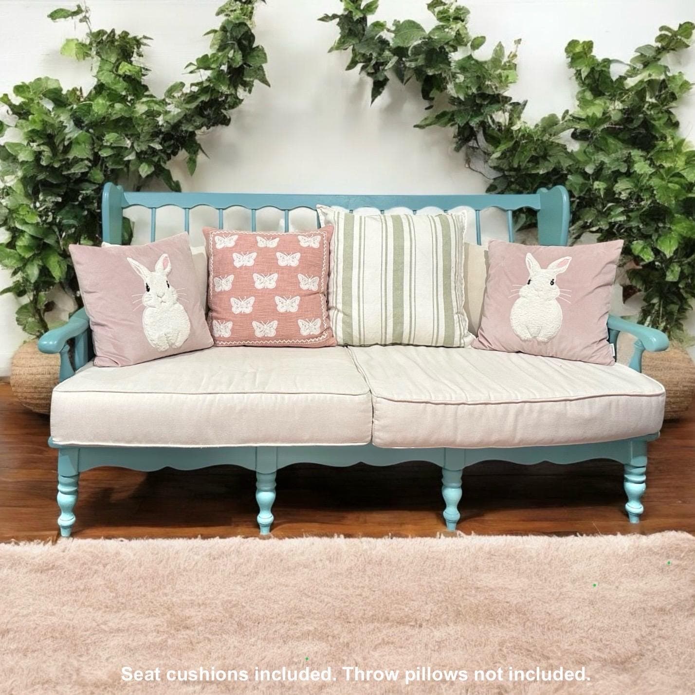Vintage Turquoise Blue Settee 69” Long - 3 Seat Spindle Back Bench with Cushions - Aqua Cottage Farmhouse Sofa - Thumbnail 10