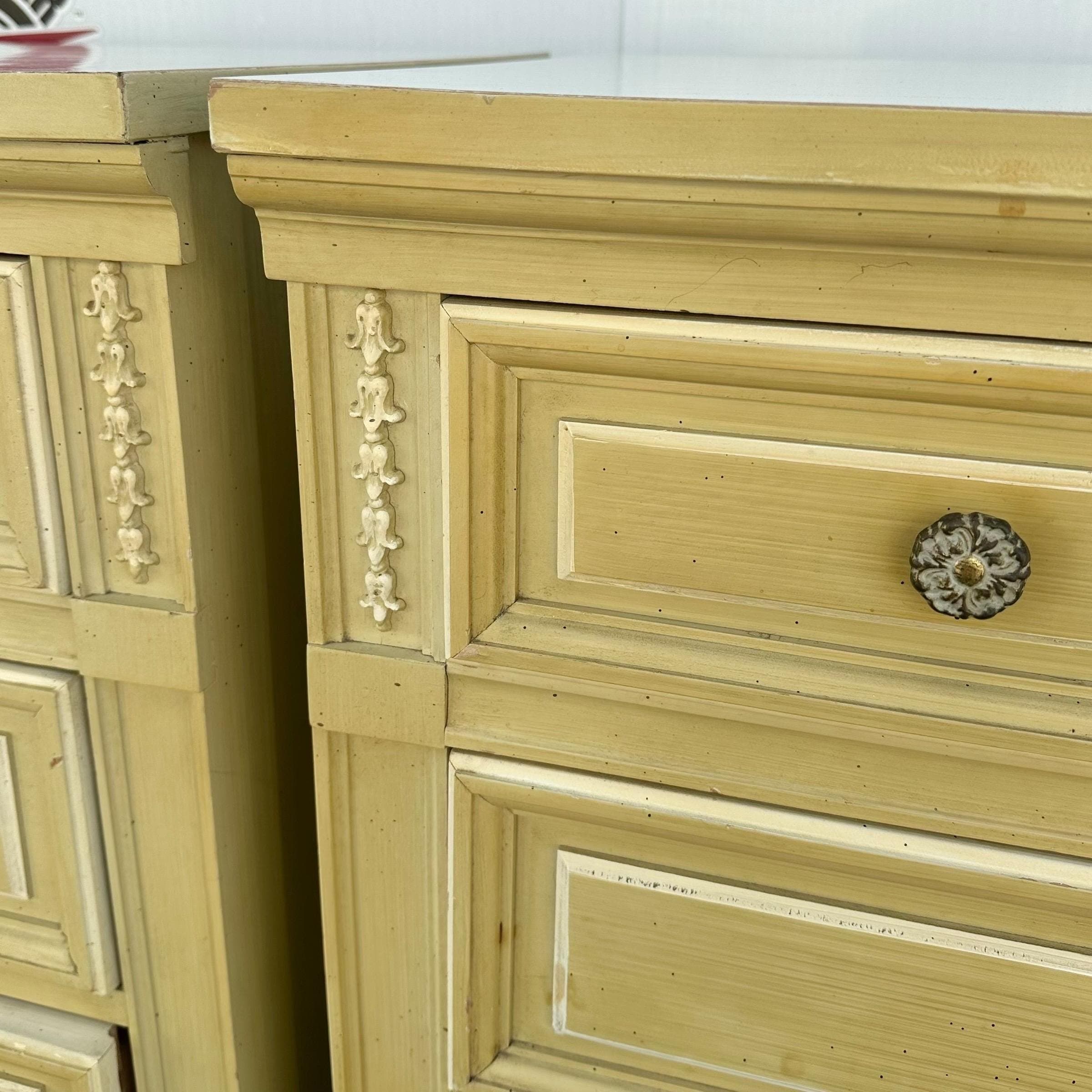 French Country Nightstands 30" Tall by Dixie Furniture - Set of 2 Vintage Yellow Chartreuse Wood Provincial 3 Drawer Chests End Tables Pair - Thumbnail 6