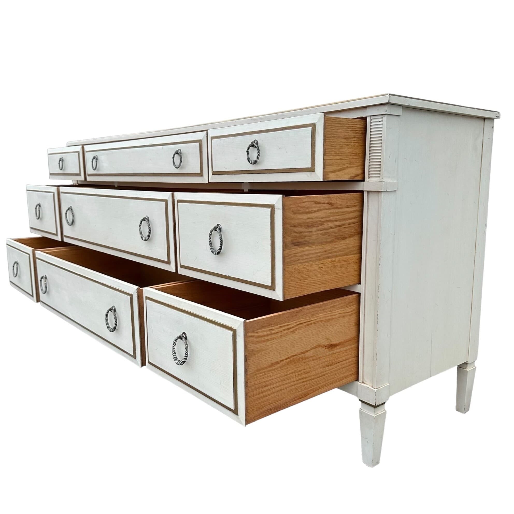 Vintage Davis Cabinet Company 71” Long Dresser – Antique White Gold Wood 9 Drawer Credenza with Drop Ring Pulls - Thumbnail 3