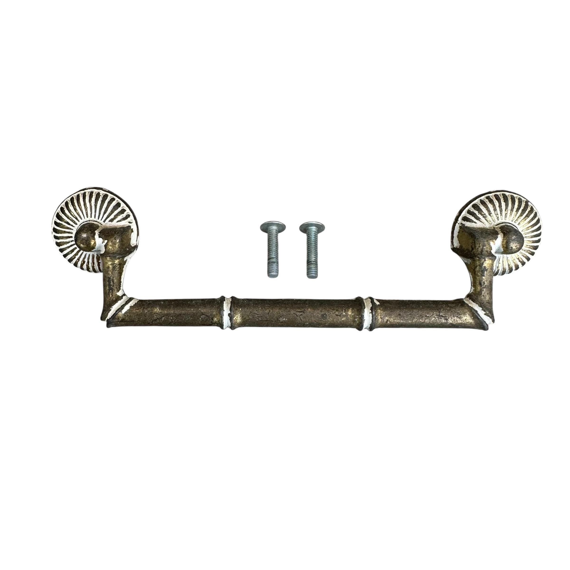 Vintage Faux Bamboo Dresser Pull - Brassy & White Metal, 5.5" Center, 6.75" Long - Thumbnail 10