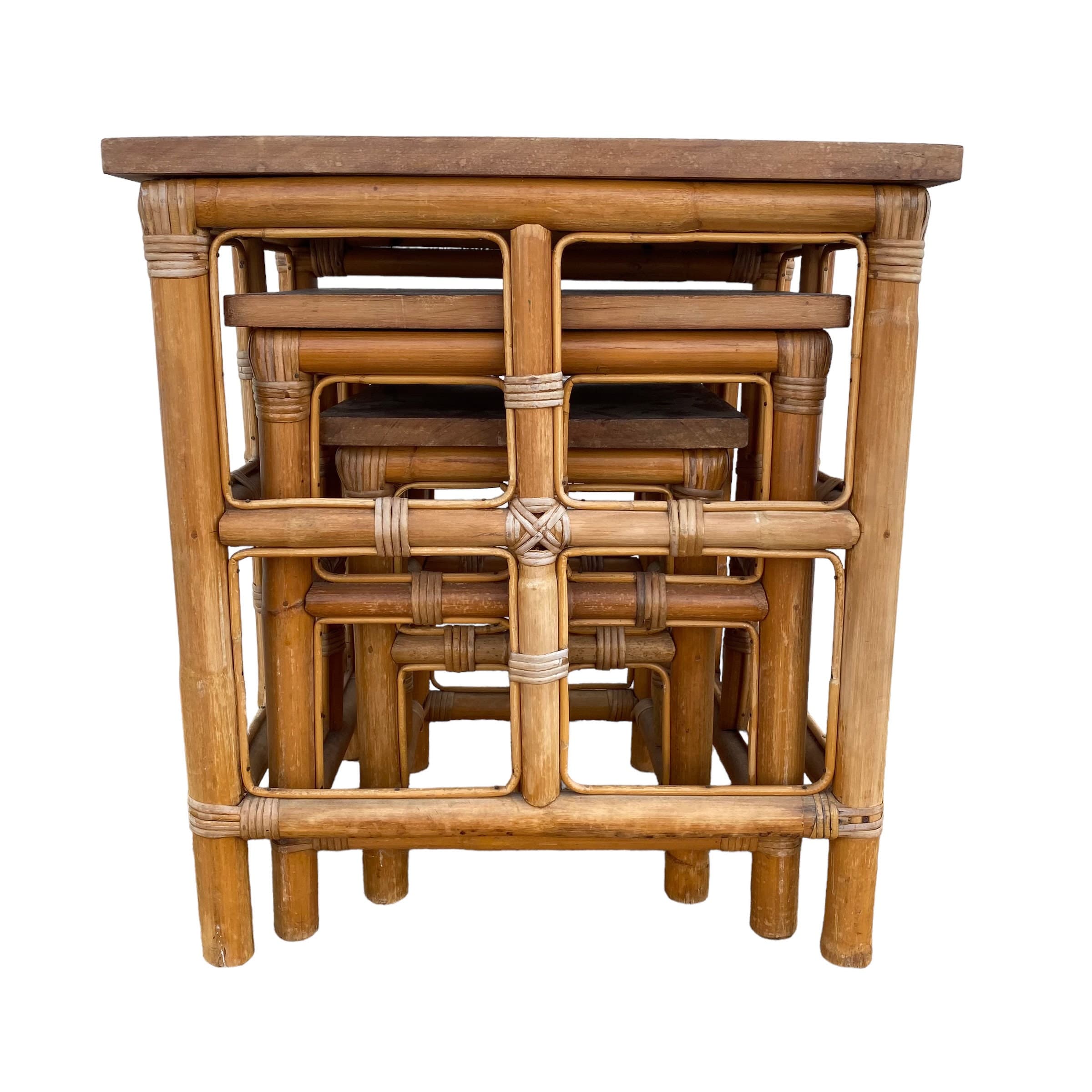 Bamboo Nesting Tables FREE SHIPPING Set of 3 Vintage Boho Rattan & Wood Coastal Chic Furniture - Thumbnail 2