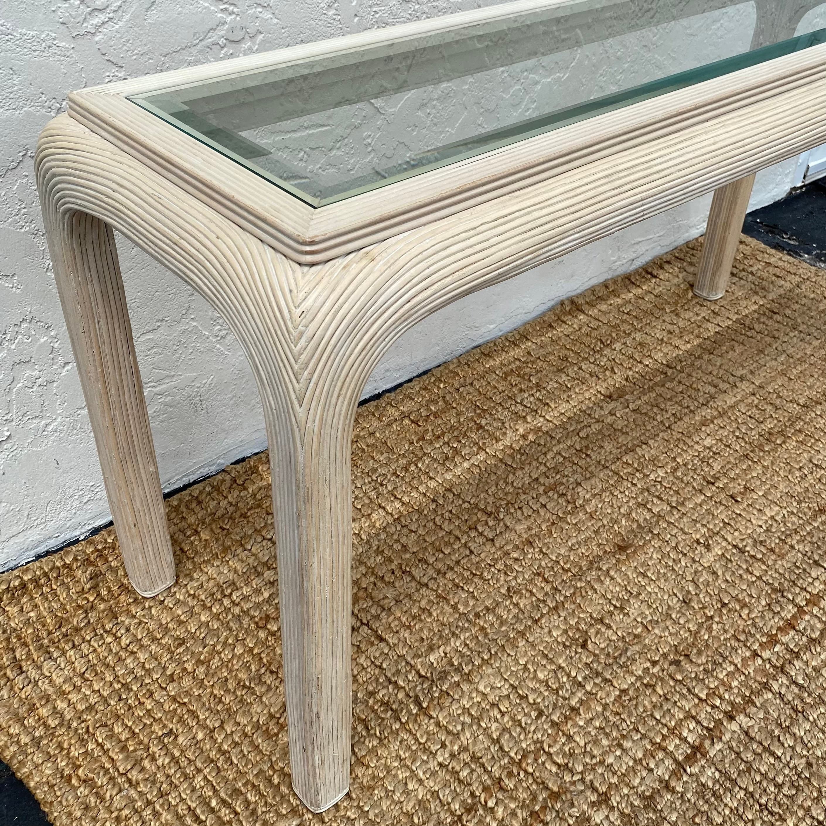 Pencil Reed Console Table with Waterfall Edges & Beveled Glass Top - Vintage Hollywood Regency Postmodern Furniture - Thumbnail 3