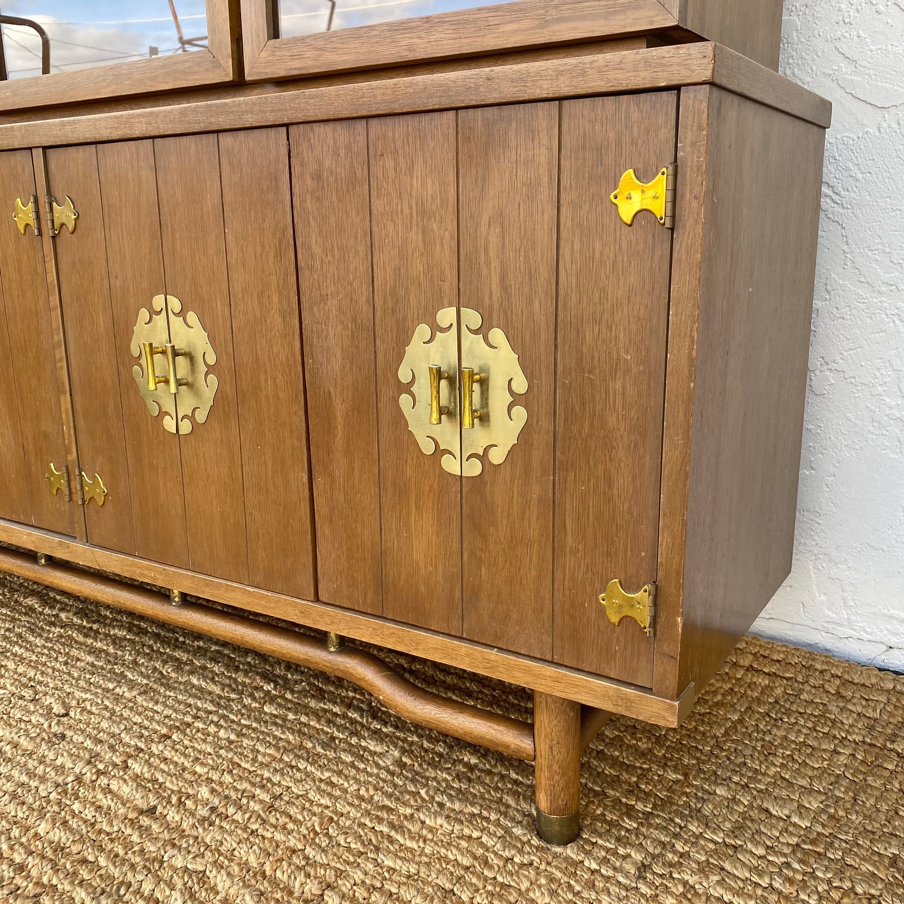Chinoiserie China Cabinet with Asian Style Brass Hardware, Wood & Glass Display Hutch - Vintage Mid-Century Modern MCM Furniture - Thumbnail 7