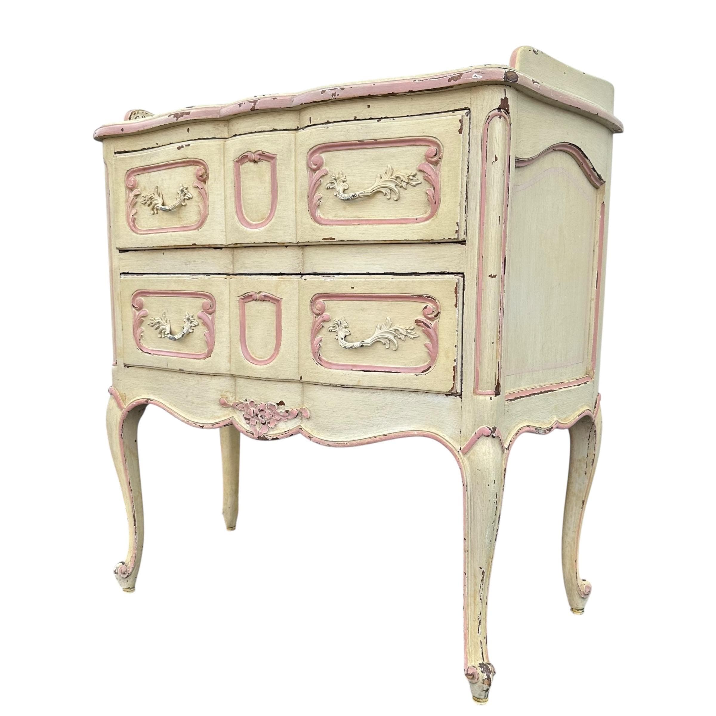 Vintage Romantic Nightstand - Distressed Pink & Creamy White Louis XV Wood Commode - French Provincial Shabby Chic Chest with Cabriole Legs - Thumbnail 10