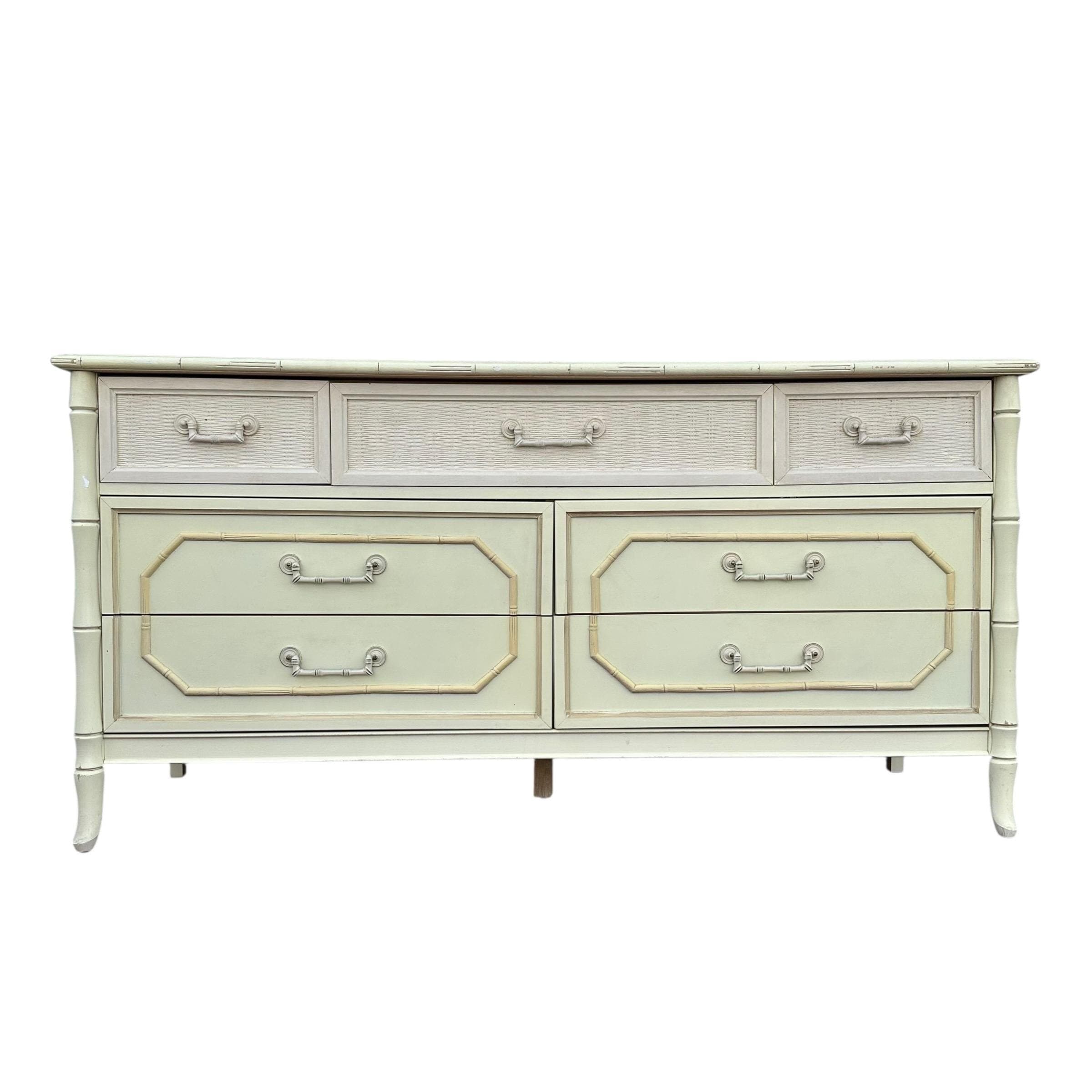 Vintage Broyhill Faux Bamboo Dresser 60" - Creamy White Hollywood Regency Coastal Bedroom Furniture - Image 1