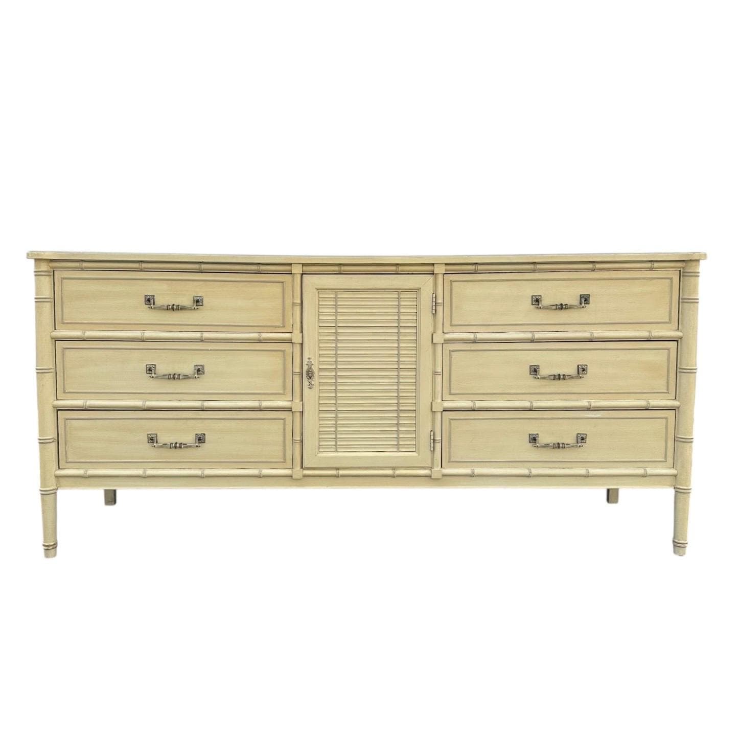 Faux Bamboo Dresser by Henry Link Bali Hai 70" Long Vintage Creamy White Shutter Louver Door Hollywood Regency Coastal 9 Drawer Credenza - Image 1