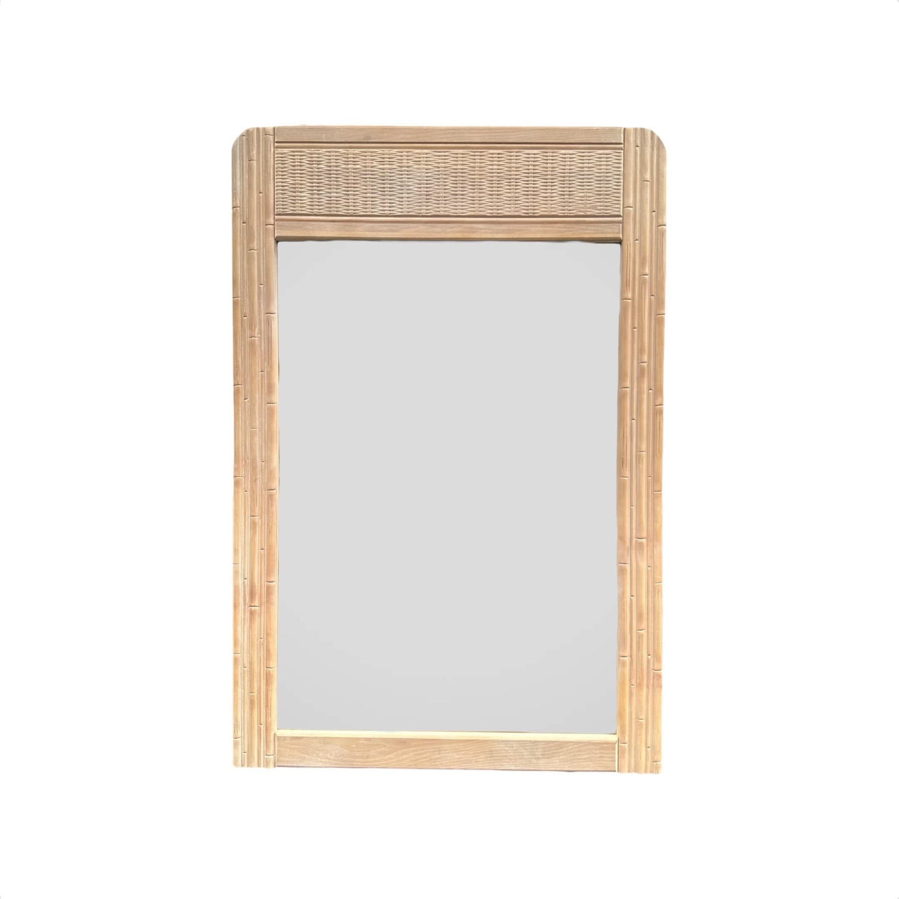 Faux Bamboo Mirror 43x29 LOCAL PICKUP Vintage White Wash Wood Coastal Hollywood Regency Rattan Style - Image 1