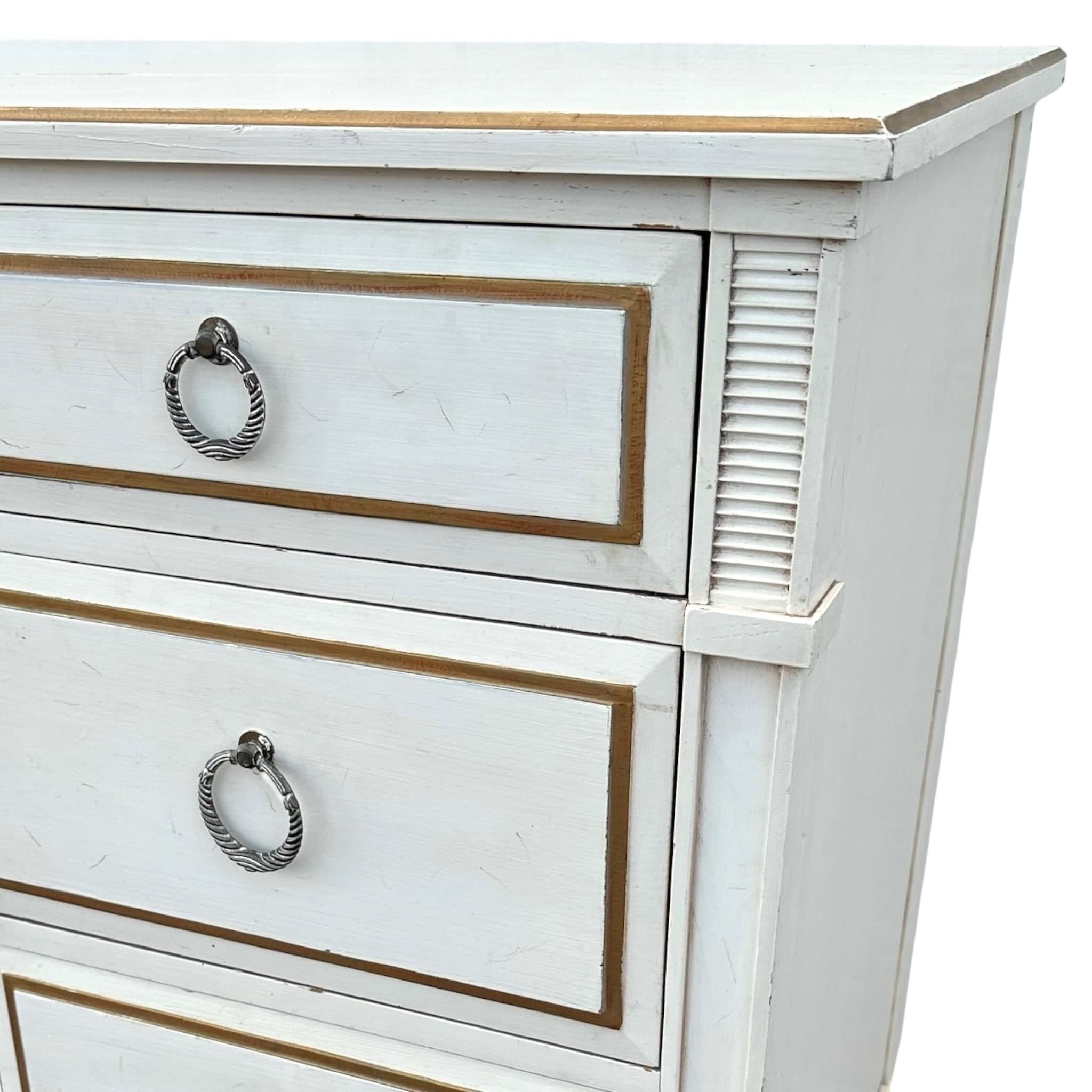 Vintage Davis Cabinet Company 71” Long Dresser – Antique White Gold Wood 9 Drawer Credenza with Drop Ring Pulls - Thumbnail 7