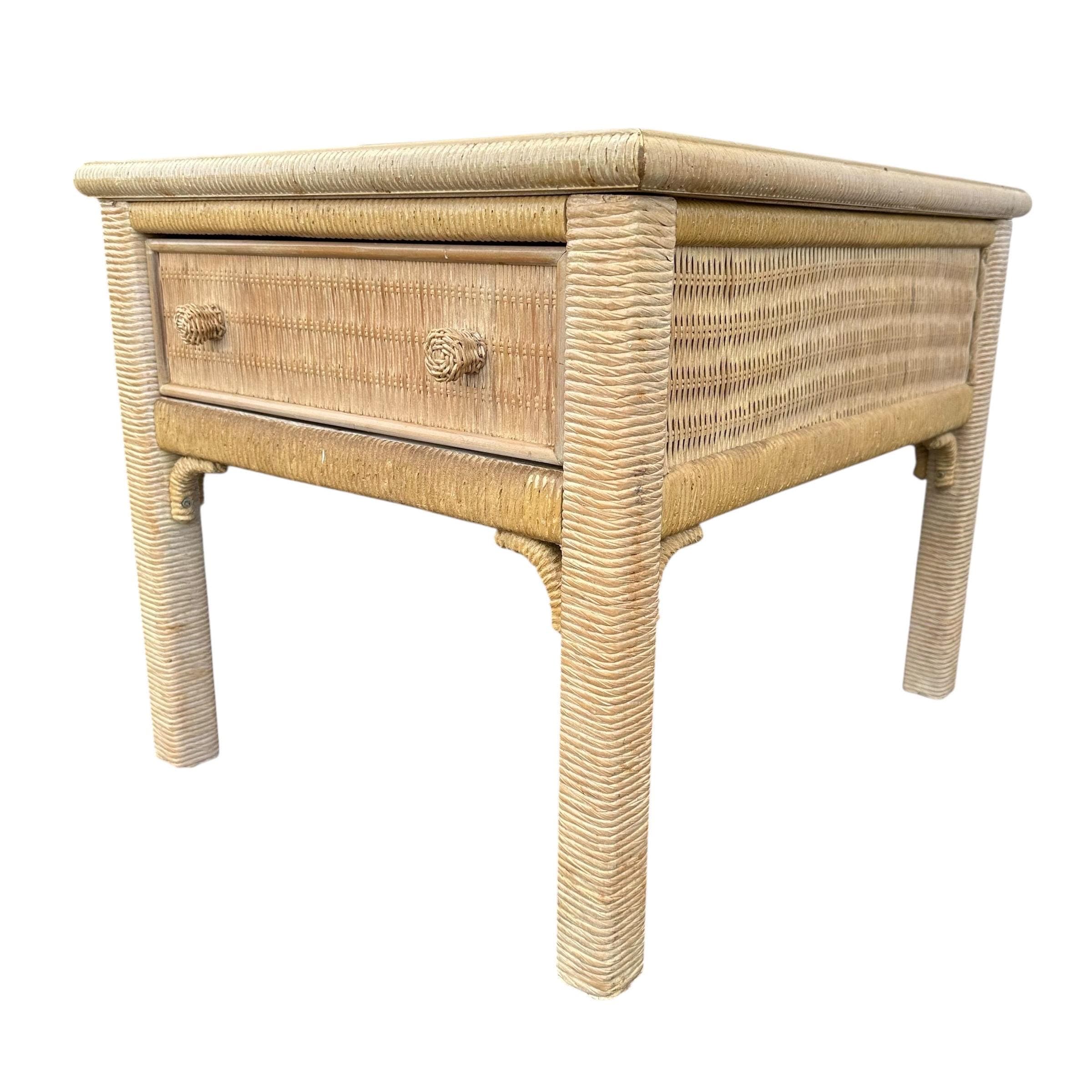 Rattan End Table by Henry Link Wicker 22x27 with Glass Top & Drawer - Vintage Coastal Boho Chic Hollywood Regency Bamboo Style Furniture - Thumbnail 5