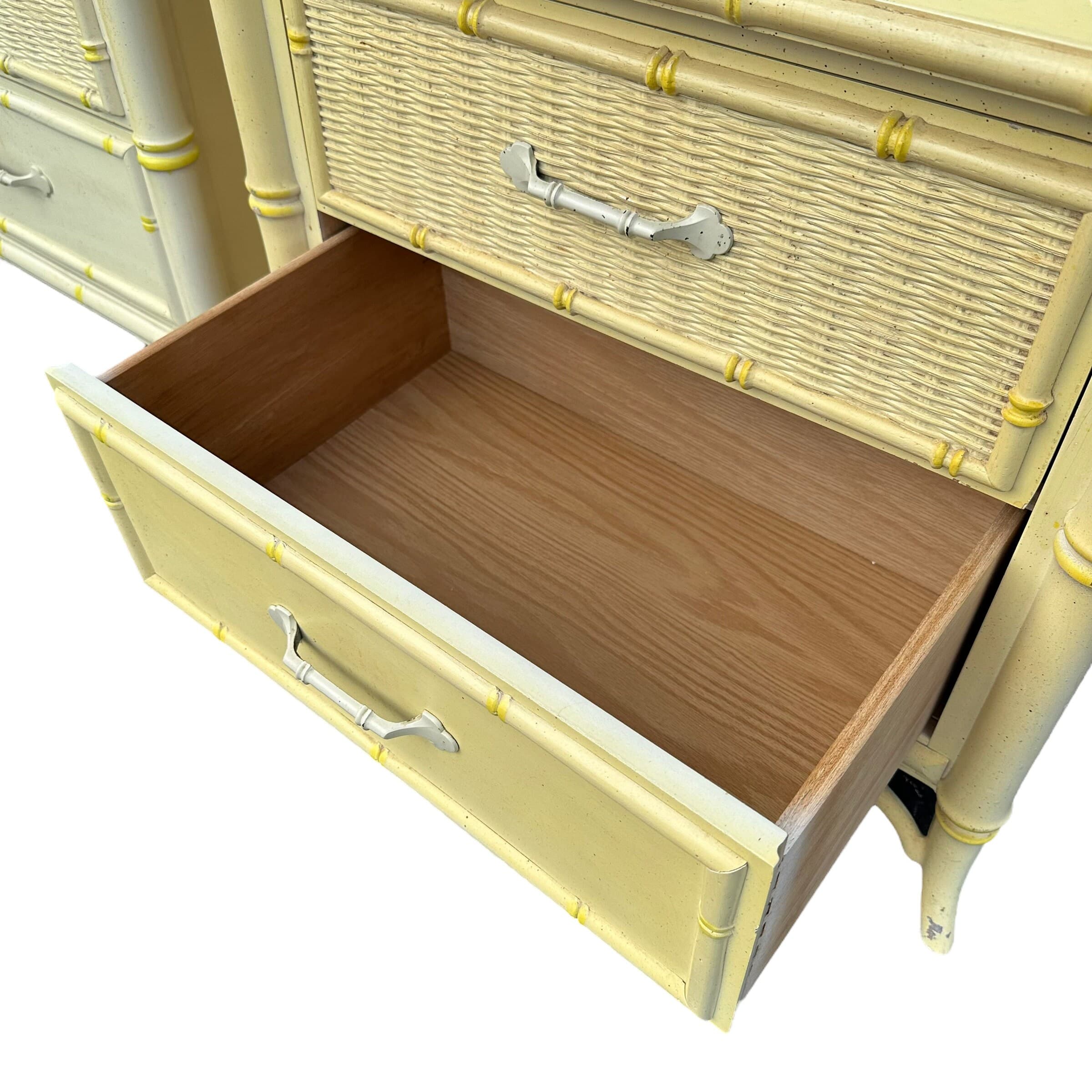 Set of 2 Hollywood Regency Nightstands by Stanley - 1970s Vintage Faux Bamboo & Rattan Wicker, Light Yellow, Chinoiserie Coastal End Tables - Thumbnail 8