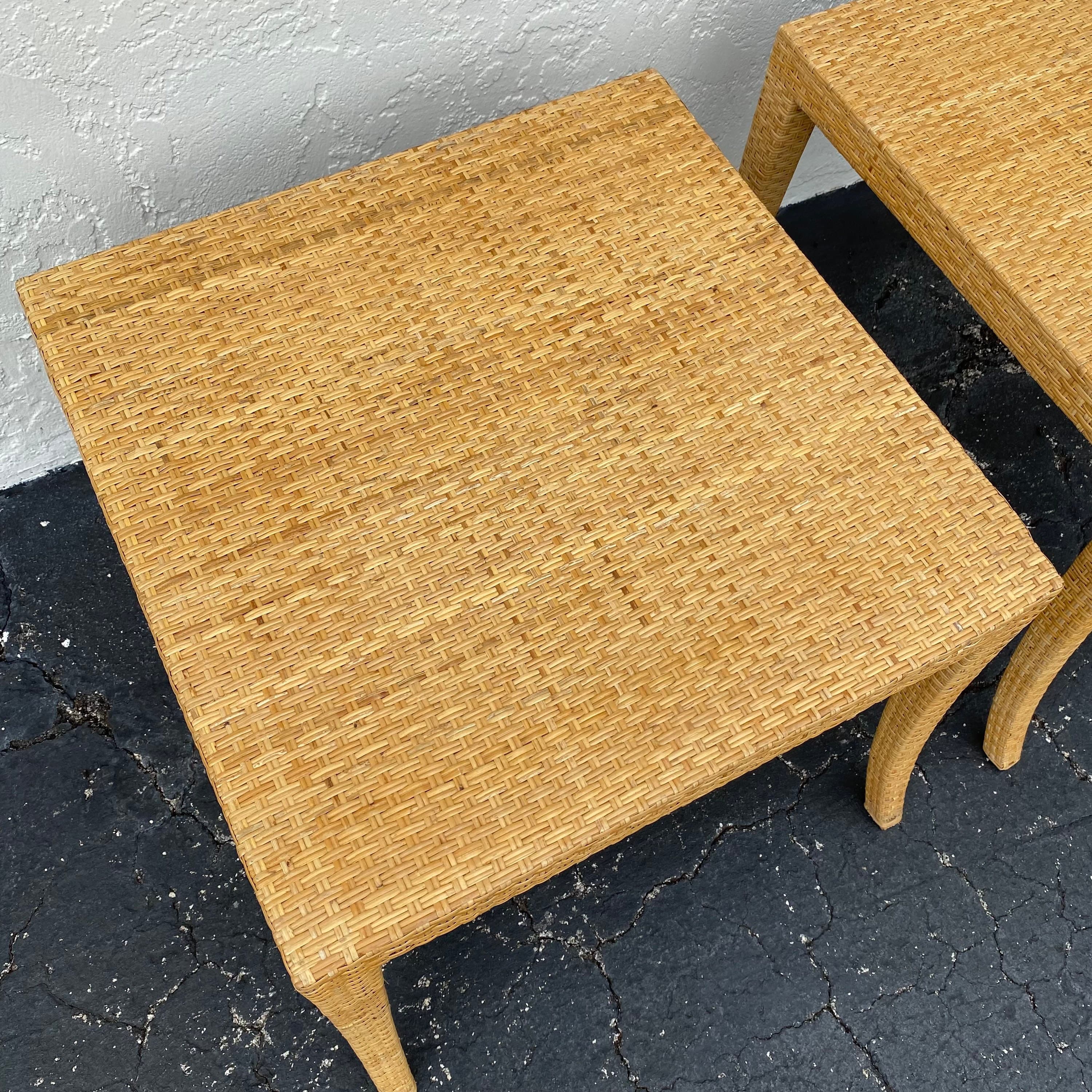 Rattan End Tables Pair - Set of 2 Vintage Natural Woven Wicker Side Table - Coastal Boho Chic Hollywood Regency MCM Furniture - Thumbnail 4