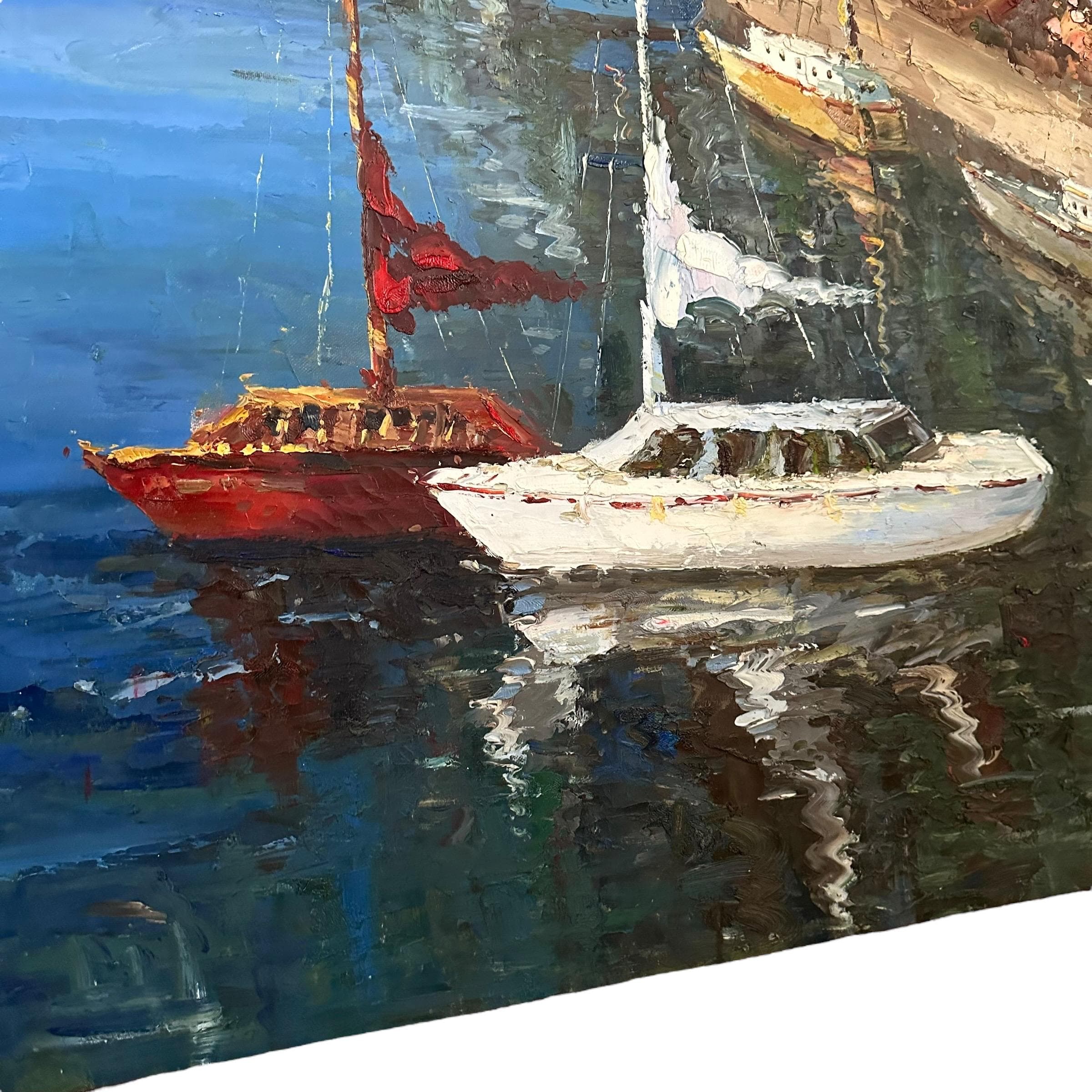 Vintage Mediterranean Sailboat Painting – Coastal Harbor Impasto Art (72x48) - Thumbnail 4
