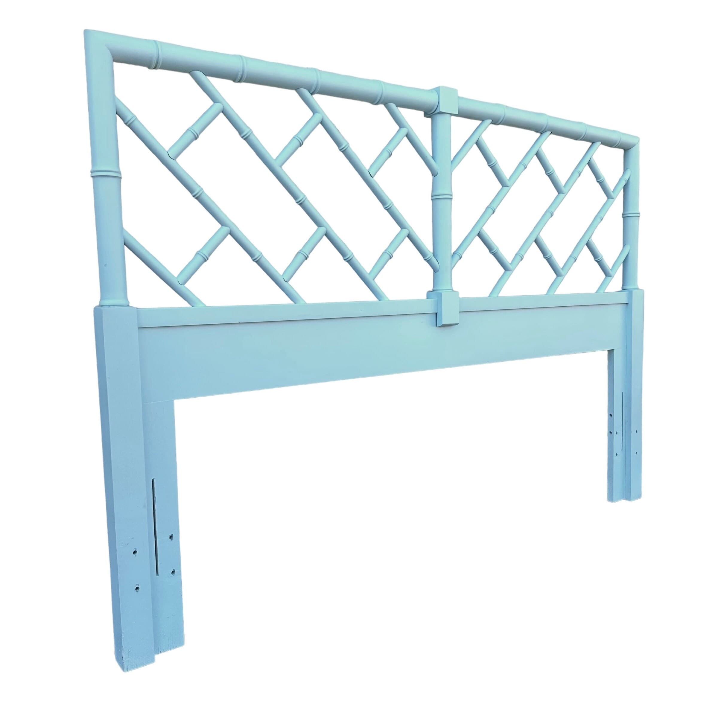 Chinese Chippendale Queen Headboard by Henry Link Bali Hai Painted Surf Spray Blue - Vintage Faux Bamboo Fretwork Full Chinoiserie Coastal - Thumbnail 4