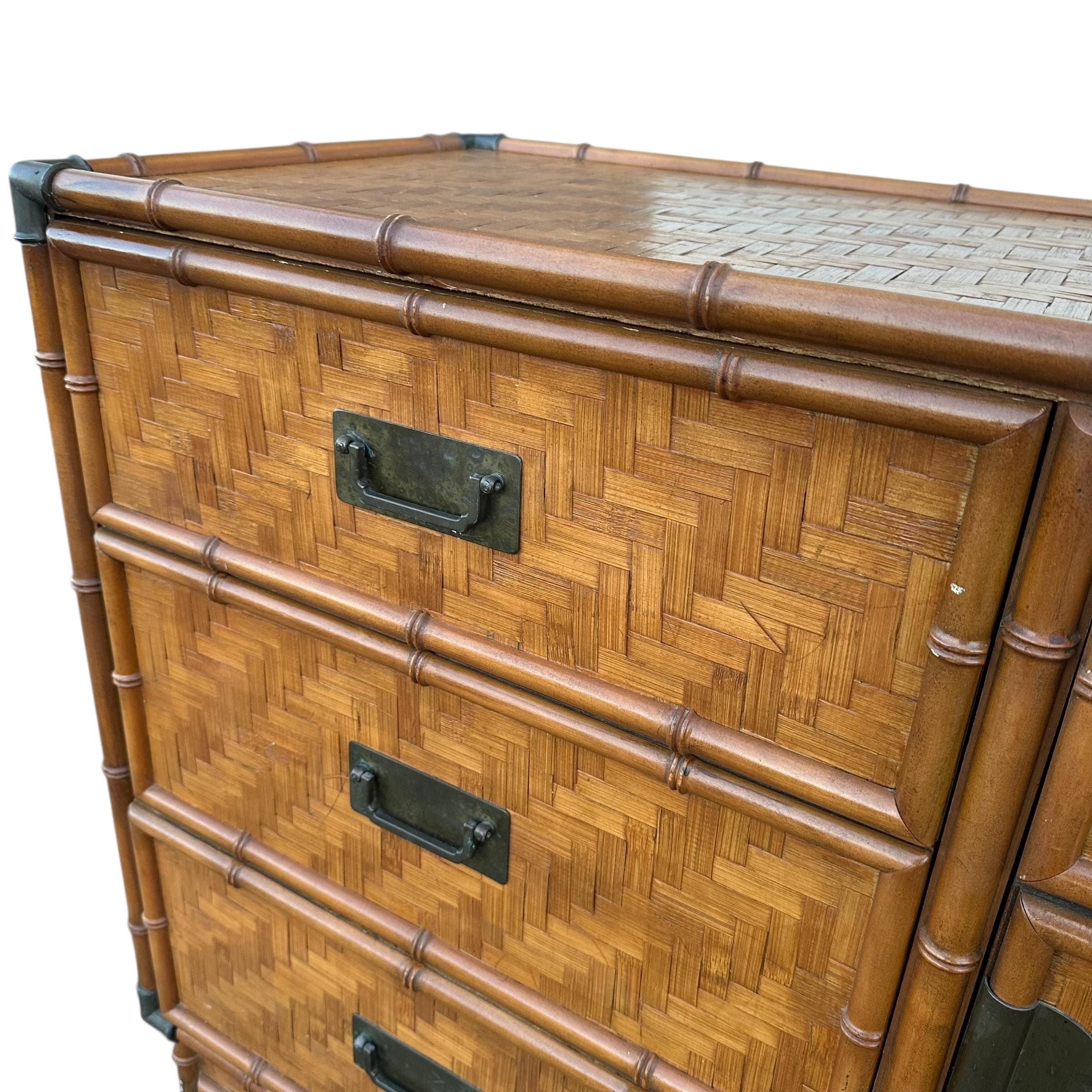 Rattan Dresser by Dixie with Faux Bamboo, Woven Herringbone Wicker & 9 Drawers - Vintage Campaign Hollywood Regency Coastal Style Furniture - Thumbnail 5