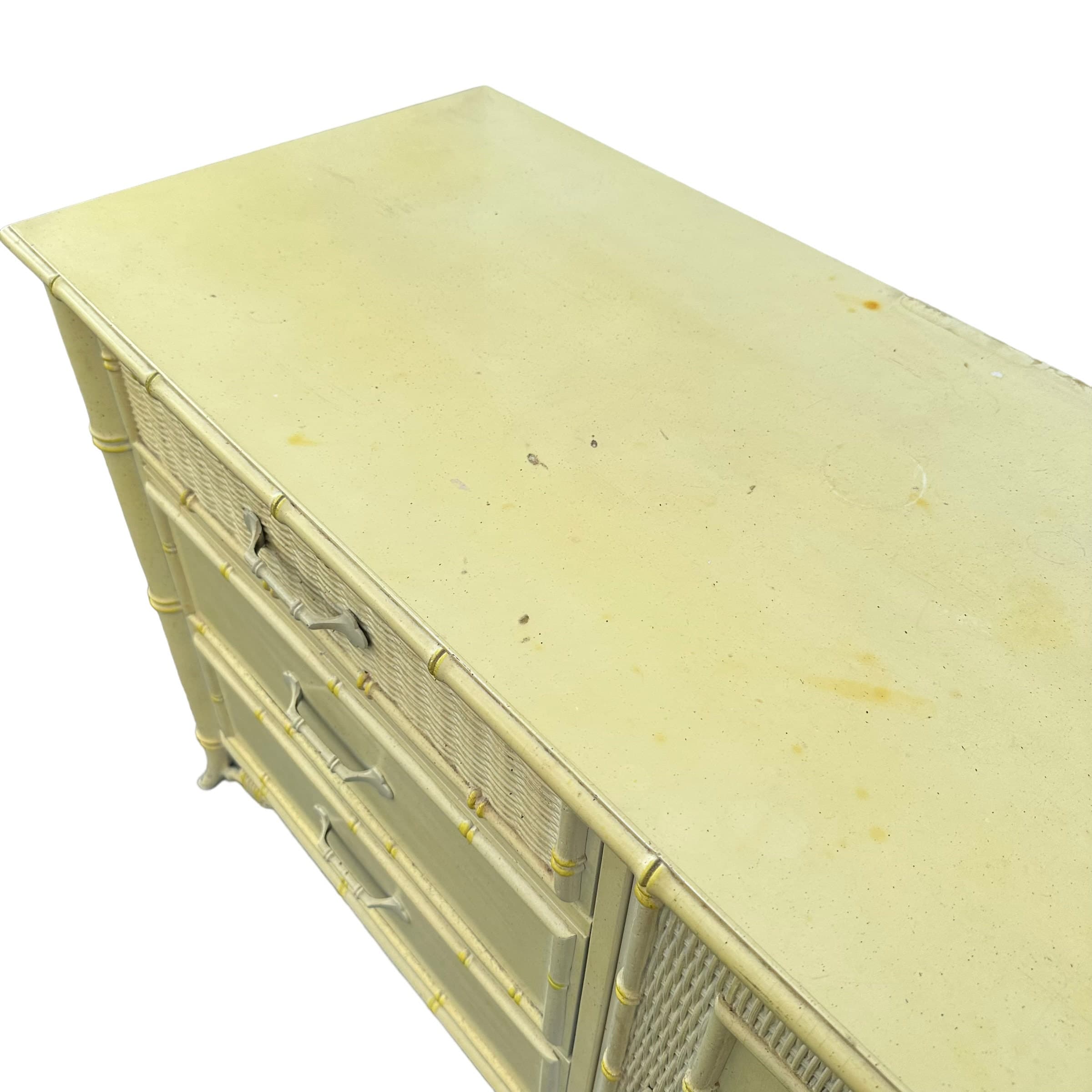 Hollywood Regency Dresser by Stanley Furniture - 1970s Vintage 9 Drawer, Faux Bamboo & Rattan Wicker, Light Yellow, Chinoiserie Style - Thumbnail 6