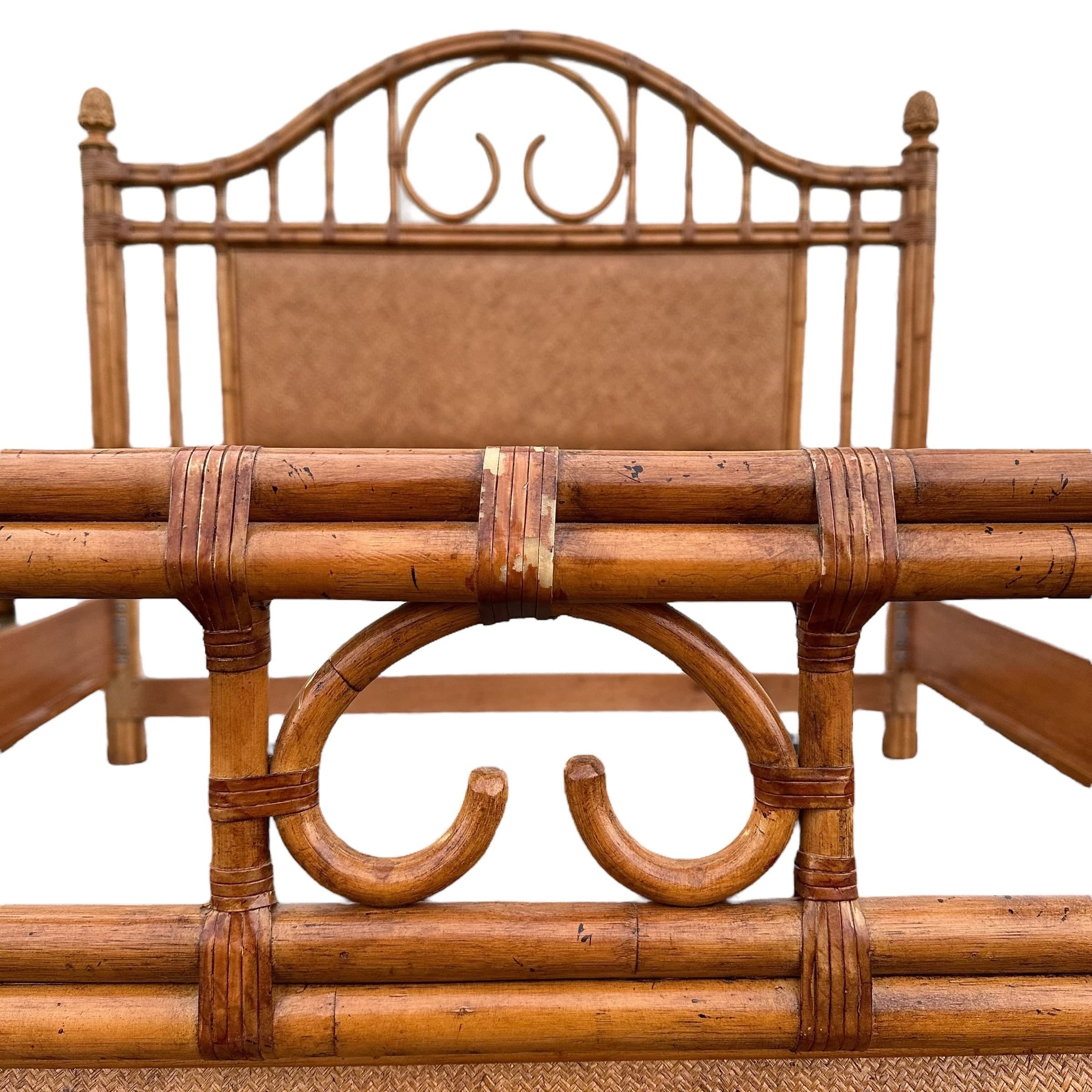 Bamboo King Bed with Rattan Post Headboard & Footboard 71" Tall - Coastal Wicker Carved Wood Artichoke Finials Tommy Bahama Style Furniture - Thumbnail 3