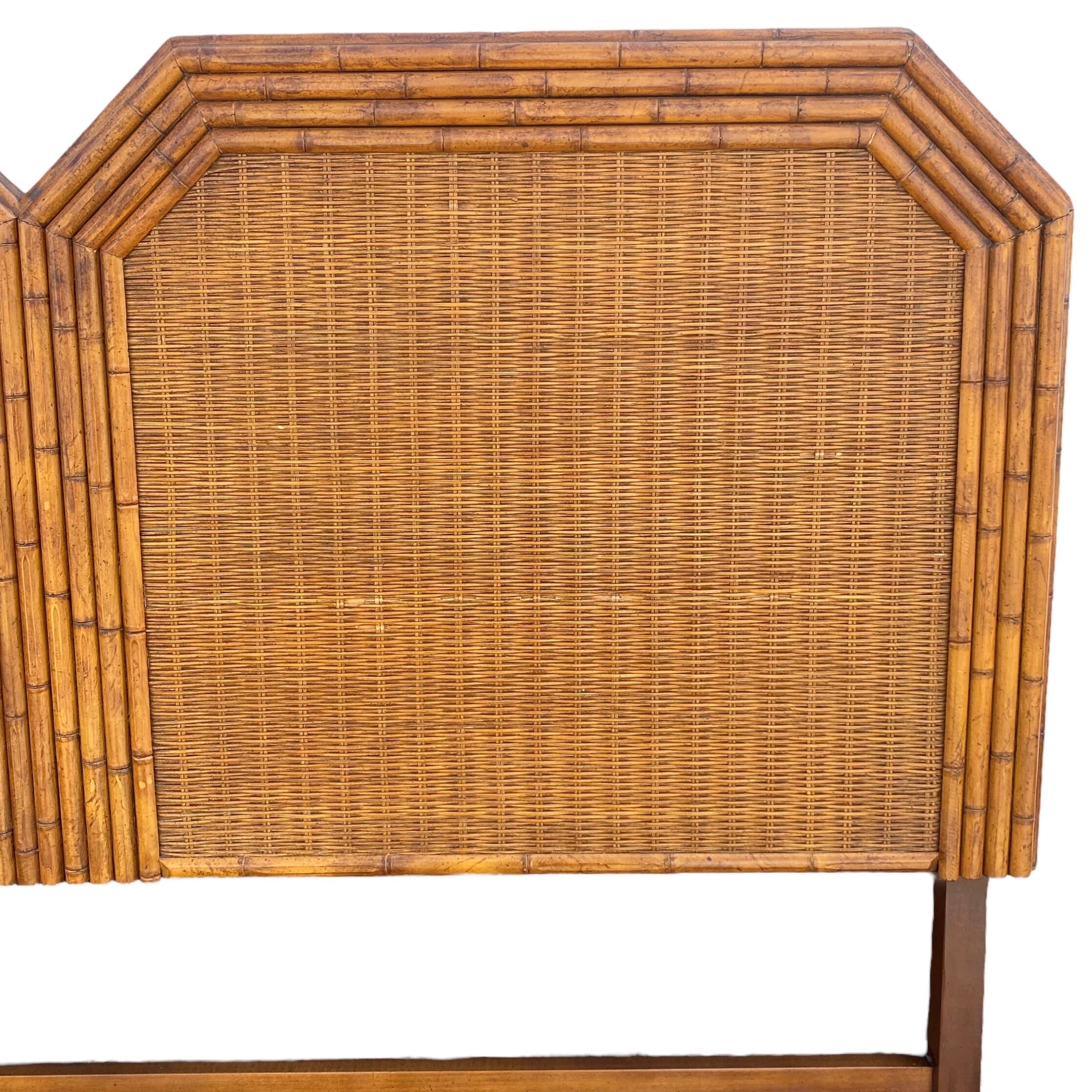 Rattan Queen Headboard by American of Martinsville - Vintage Faux Bamboo Wood and Wicker Hollywood Regency Full Coastal Palm Beach - Thumbnail 4