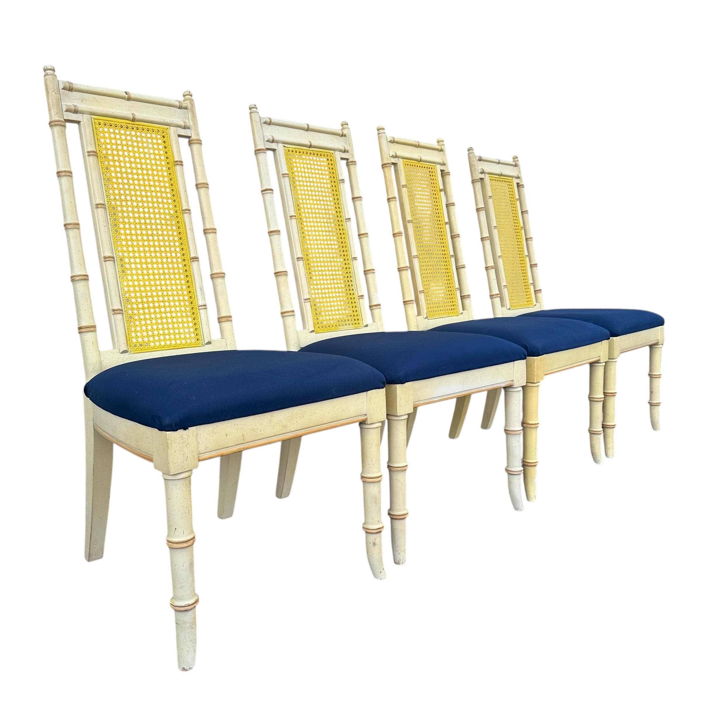 Set of 4 Faux Bamboo Dining Chairs - Vintage Wood & Rattan Cane Hollywood Regency Coastal Style - Thumbnail 2