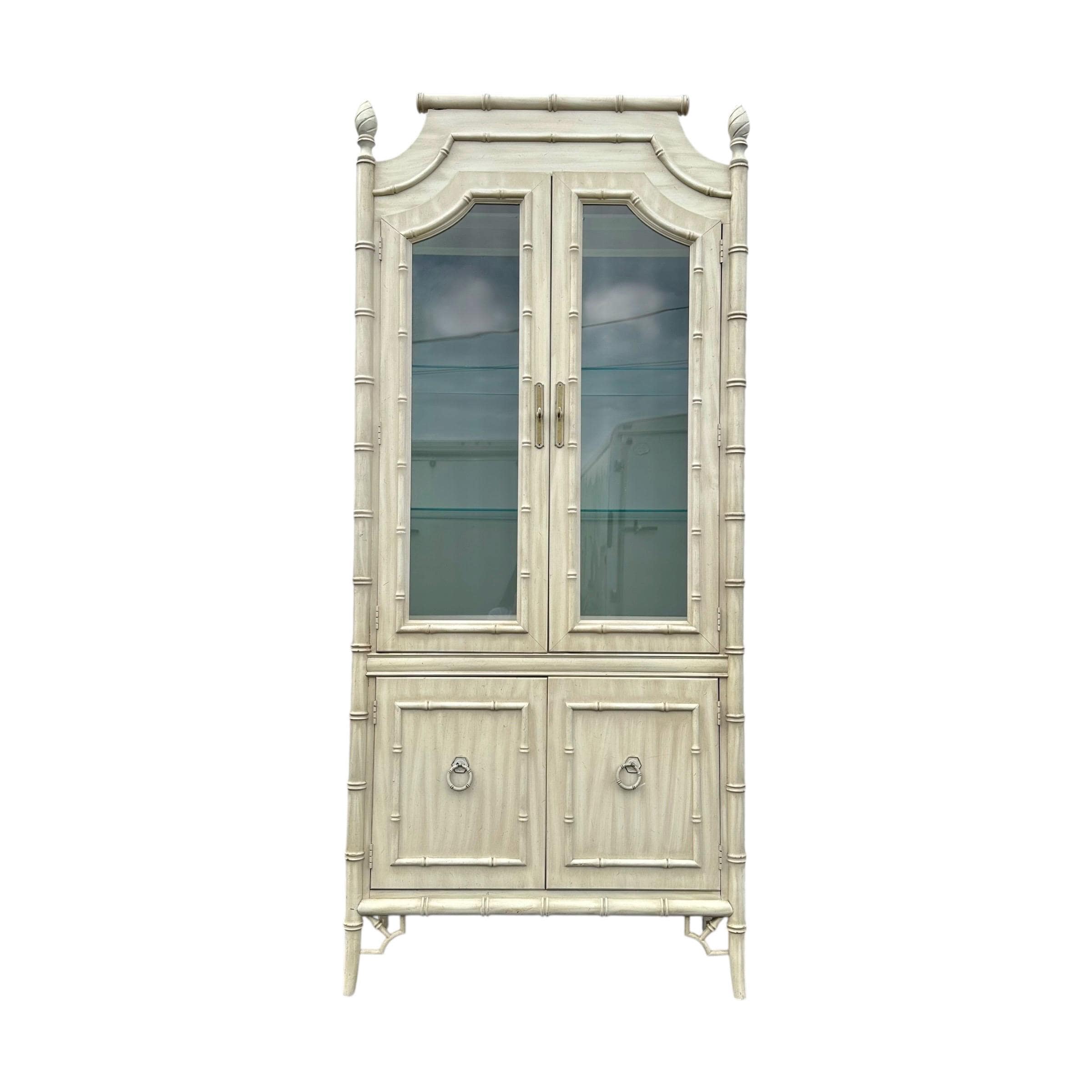 Faux Bamboo China Cabinet by Thomasville Allegro - 1970s Vintage Illuminated White Wash Chinoiserie Hollywood Regency Coastal Display - Thumbnail 18
