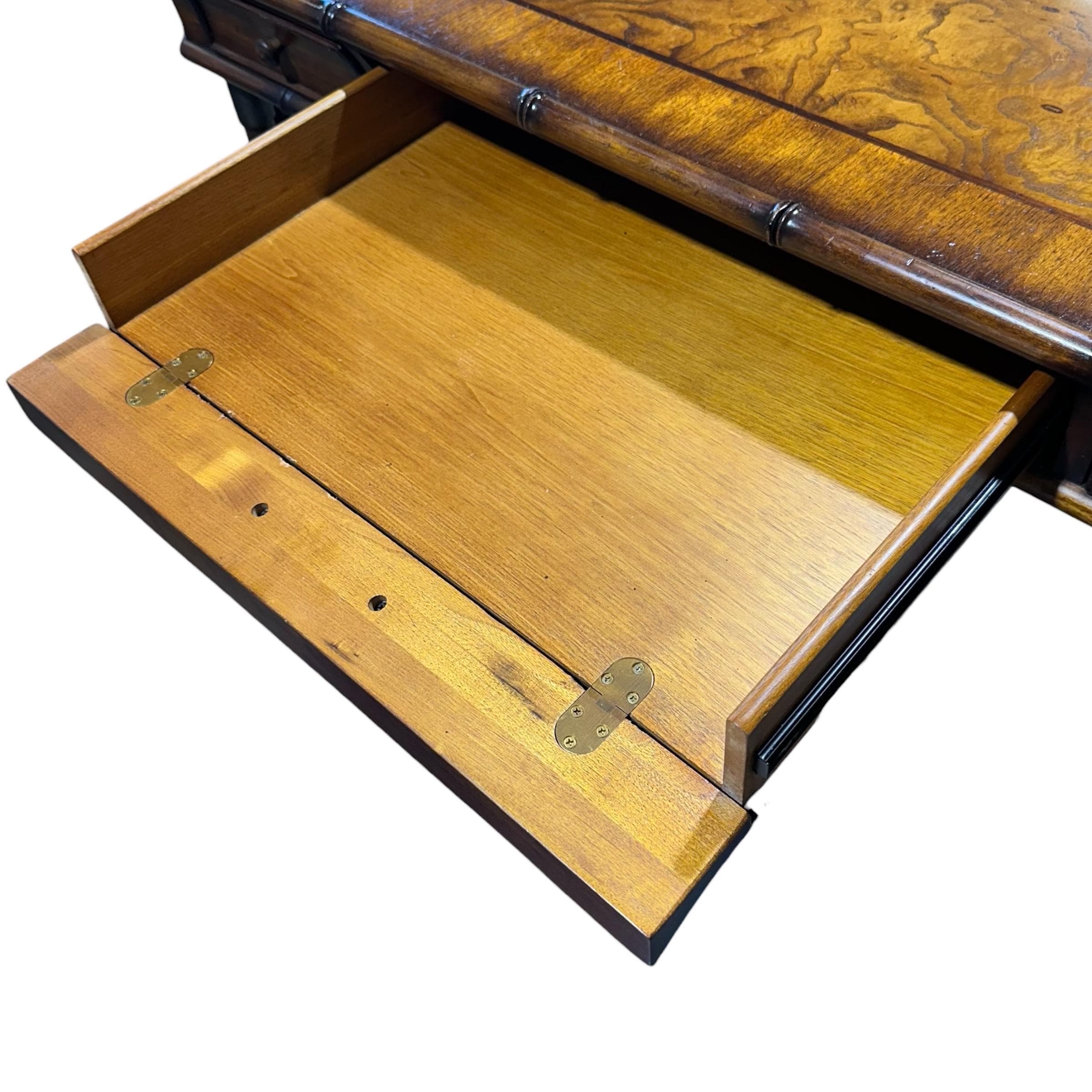 Faux Bamboo Desk by Hooker Furniture - Chinoiserie Burl Wood & Iron Writing Table Hollywood Regency Coastal Office Furniture - Thumbnail 15