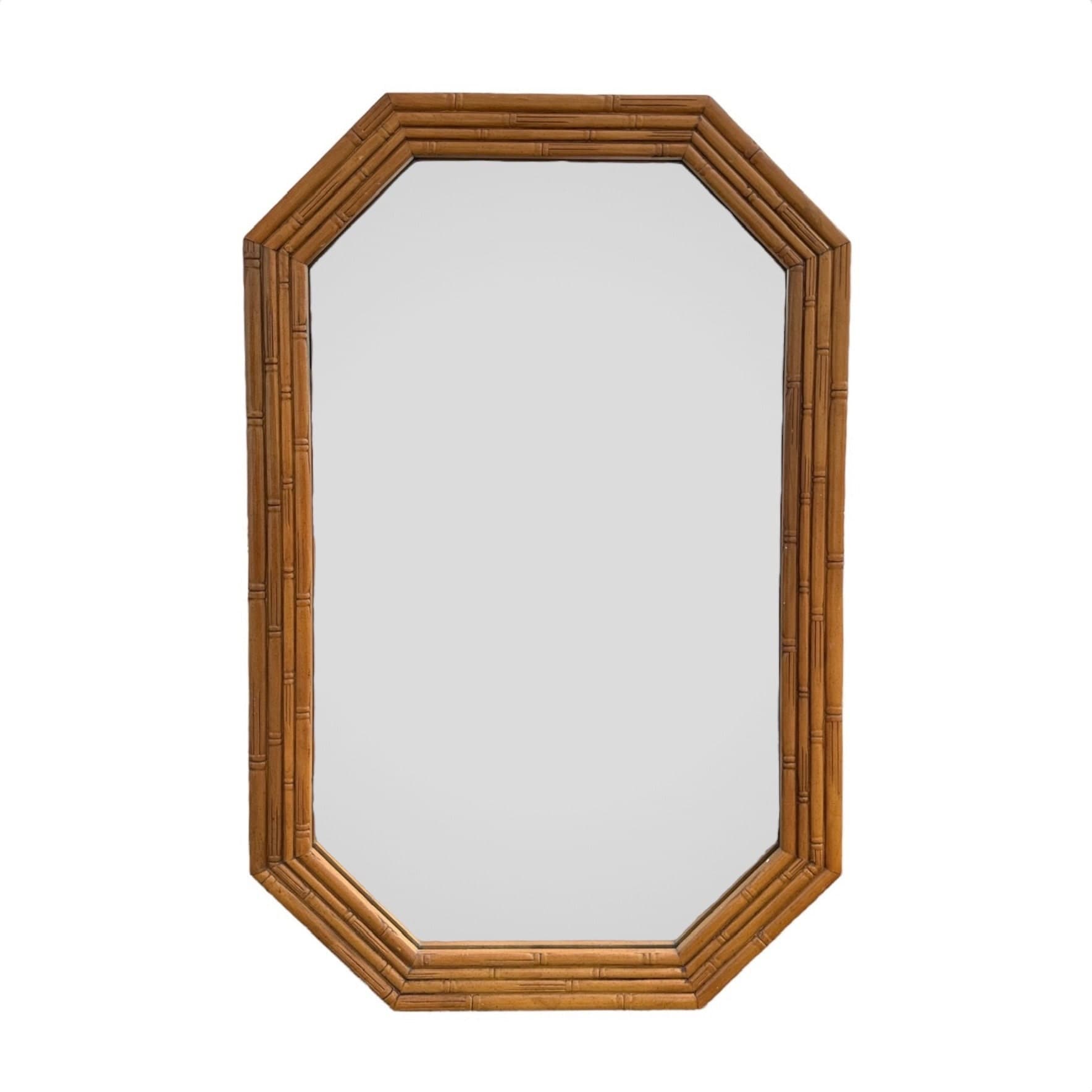 Vintage Faux Bamboo Mirror 26x40 LOCAL PICKUP Octagon Broyhill Boho Chic Coastal Hollywood Regency Natural Wood Tone - Thumbnail 2