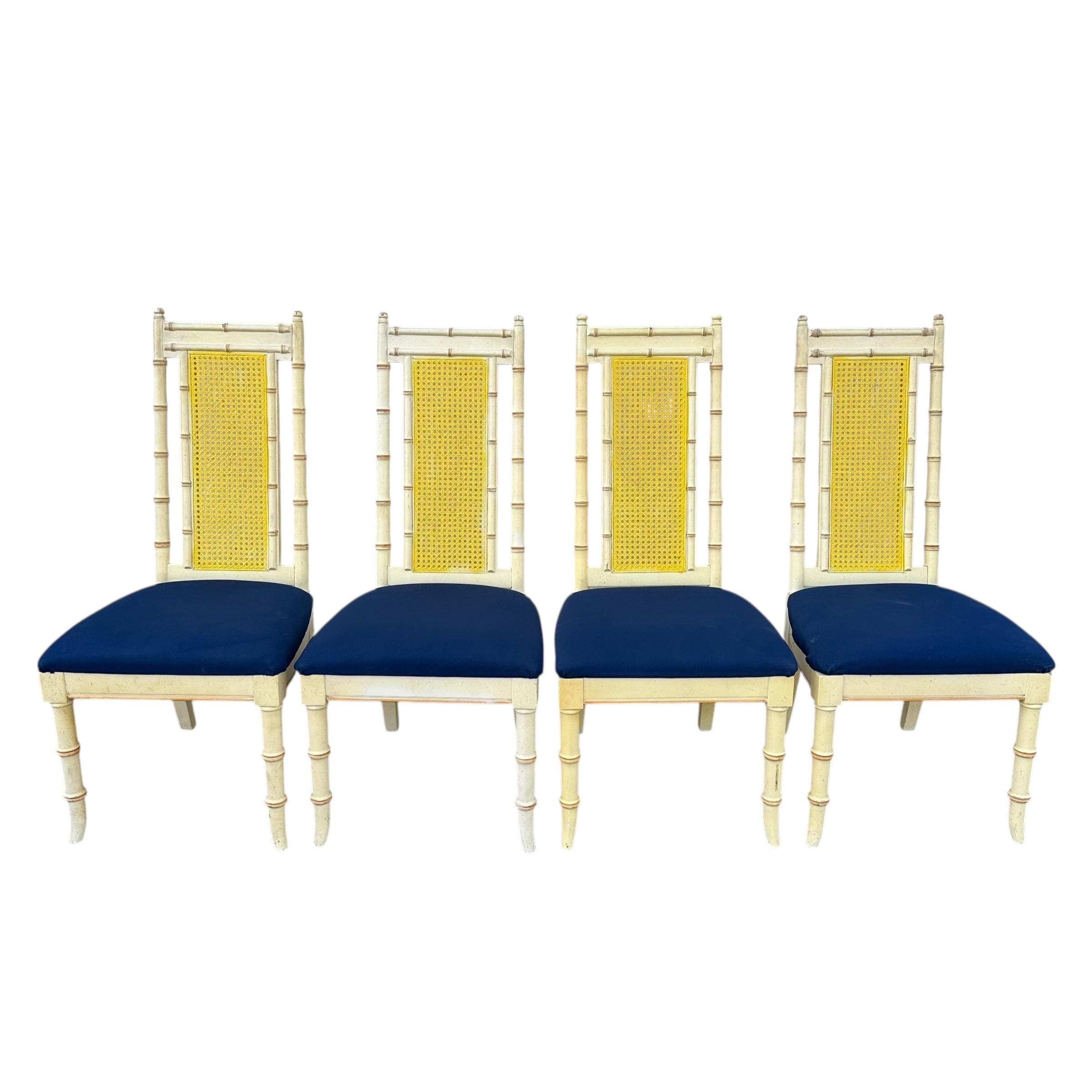 Set of 4 Faux Bamboo Dining Chairs - Vintage Wood & Rattan Cane Hollywood Regency Coastal Style - Thumbnail 12