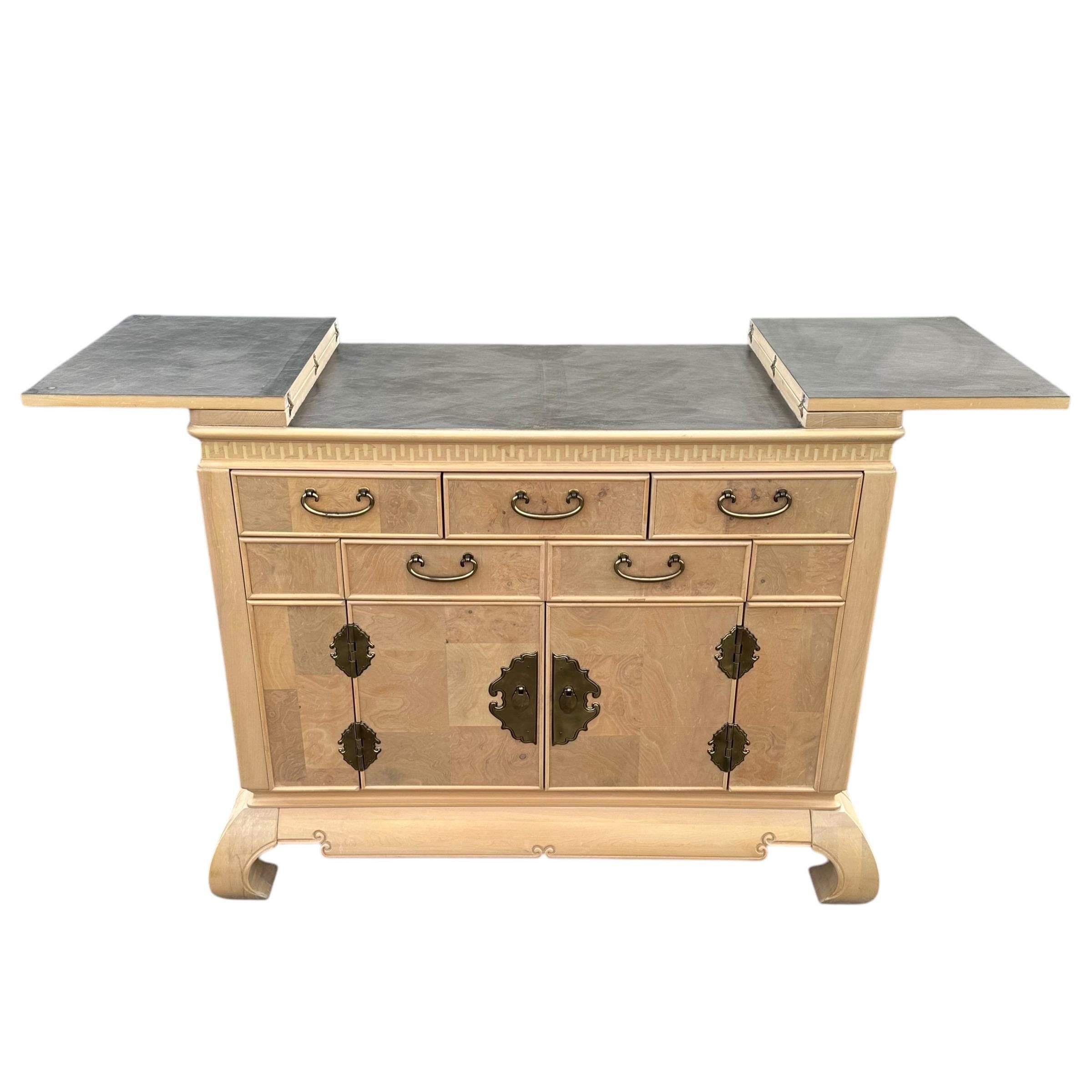 Chinoiserie Server by American of Martinsville 44" - Vintage Blonde Burl Wood, Gold Brass & Expanding Table Ming Asian Sideboard Cabinet - Thumbnail 7