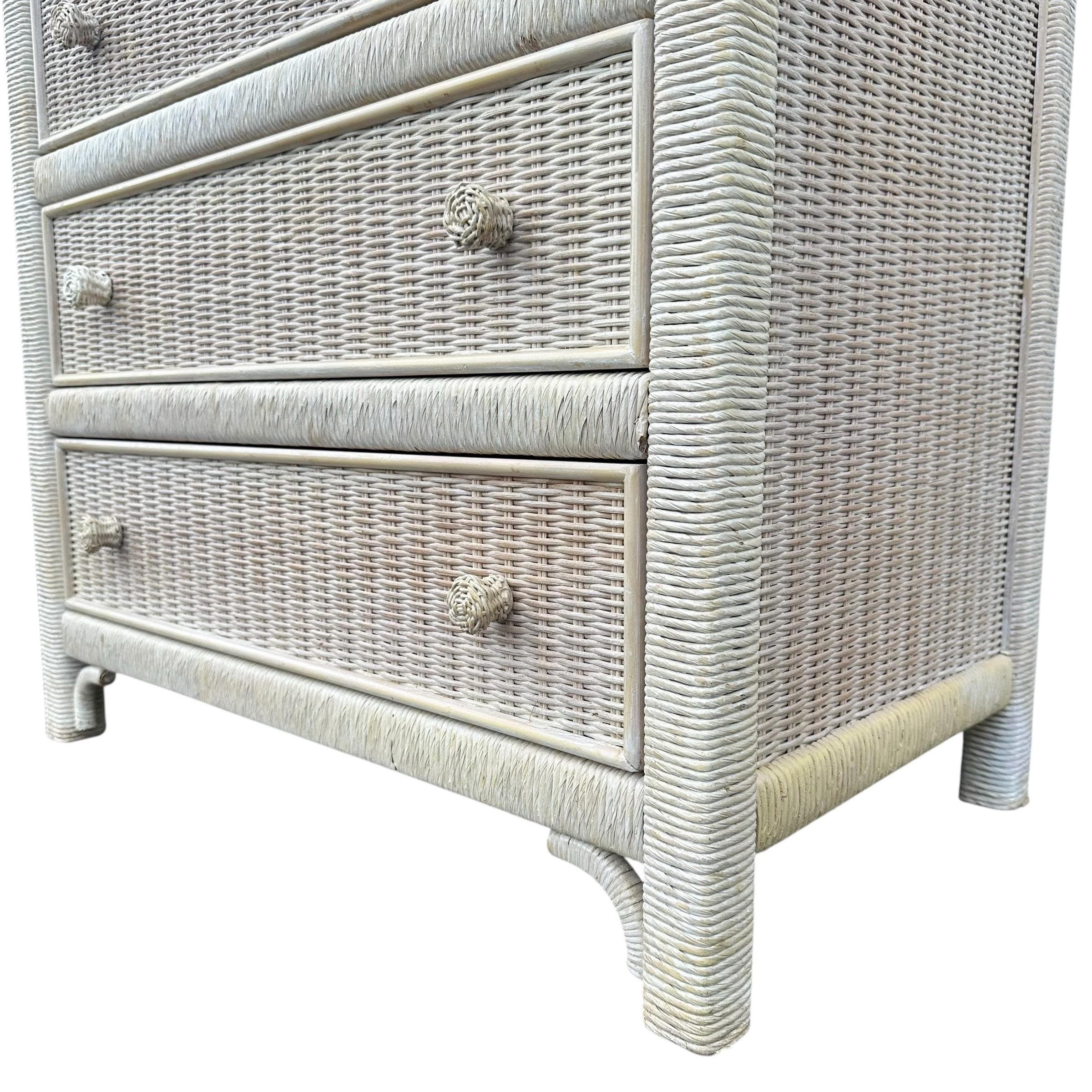 SOLD Natural Wicker Nightstand Chest by Henry Link 30” Tall - Vintage Coastal Rattan Boho Chic 3 Drawer Dresser & Glass Table Top - Thumbnail 12