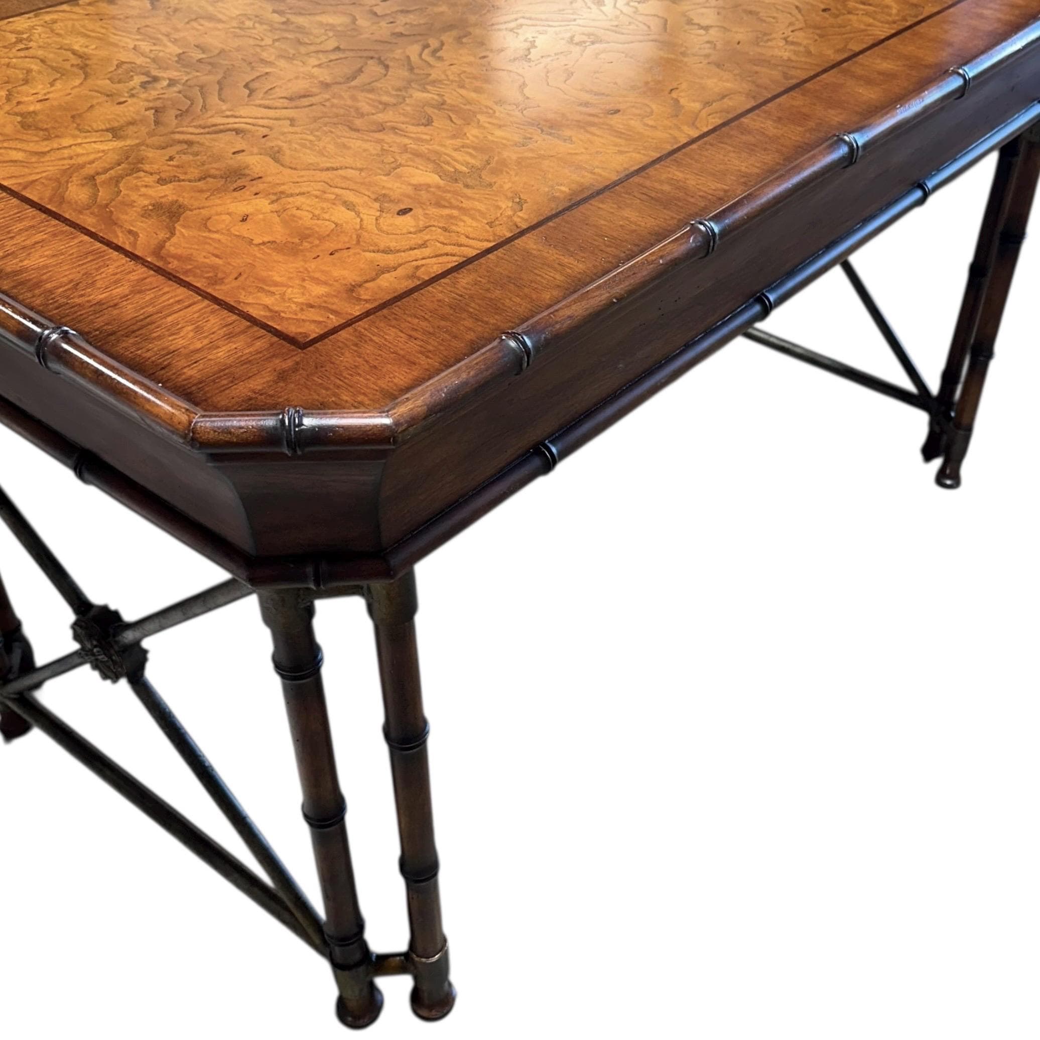 Faux Bamboo Desk by Hooker Furniture - Chinoiserie Burl Wood & Iron Writing Table Hollywood Regency Coastal Office Furniture - Thumbnail 19
