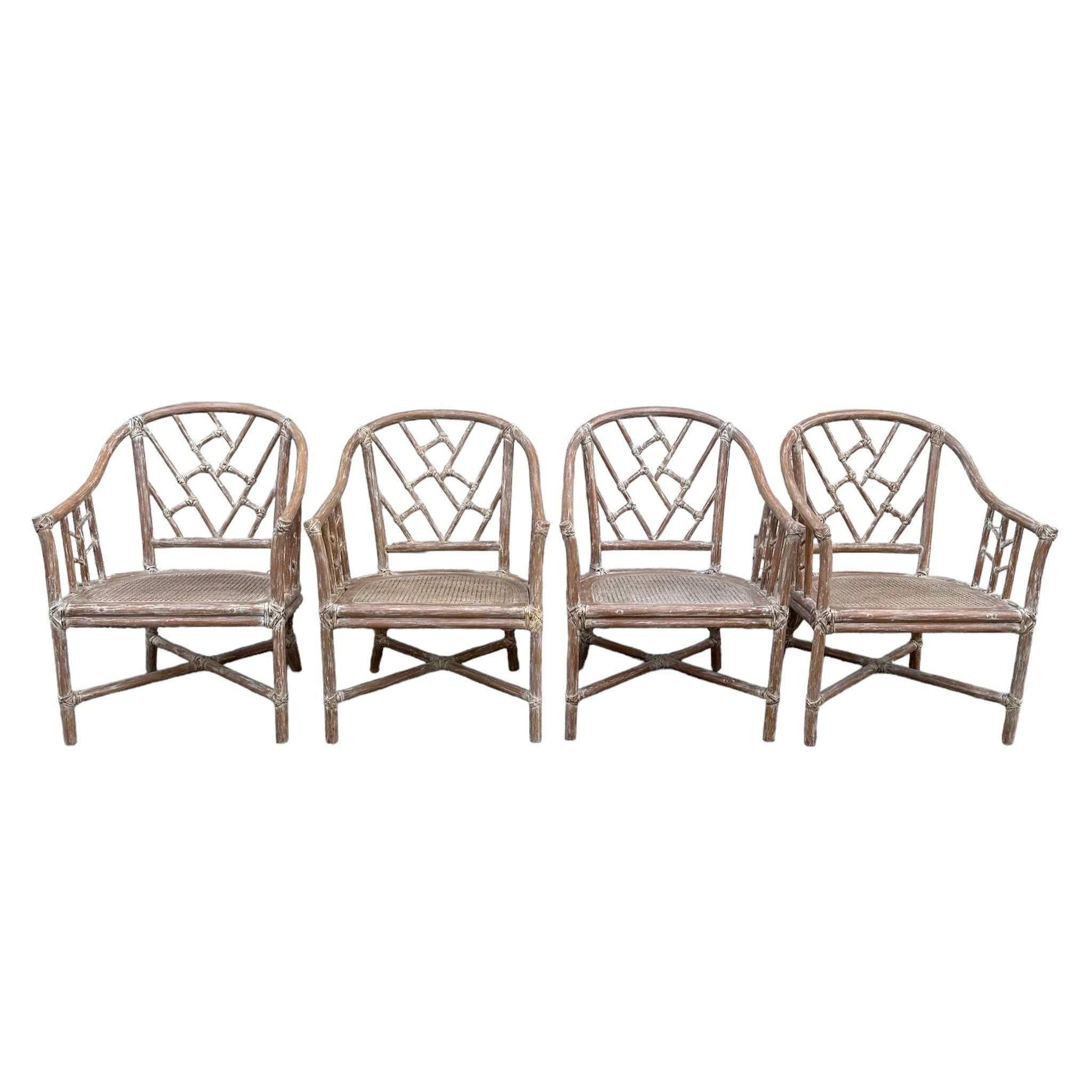 Set of 4 Rattan Arm Chairs with Chinese Chippendale Backs & Cane Seats - Vintage Chinoiserie White Wash Faux Bamboo Wood Hollywood Regency - Thumbnail 8