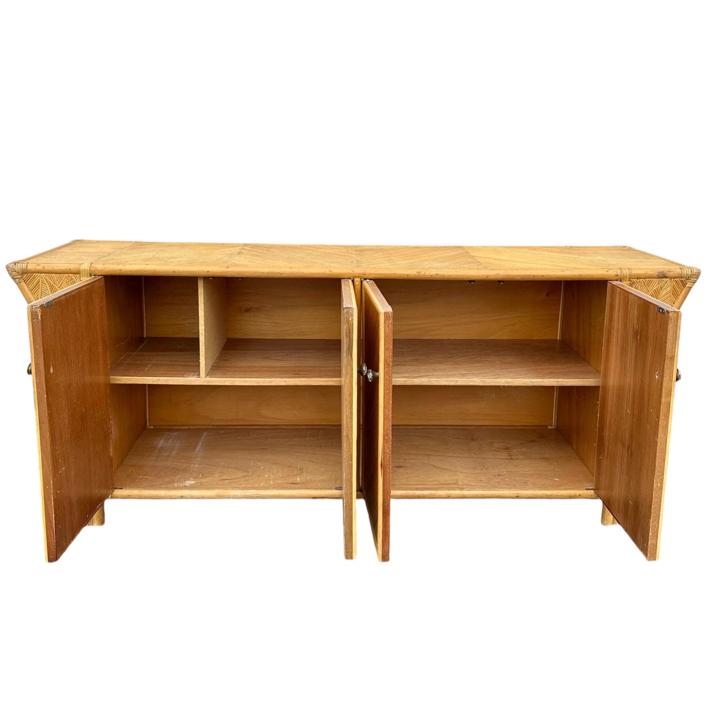 Bamboo Sideboard with Sculptural Winged Sides and Geometric Split Reed Details 72” Long - Vintage Coastal Rattan Wood Credenza - Thumbnail 5