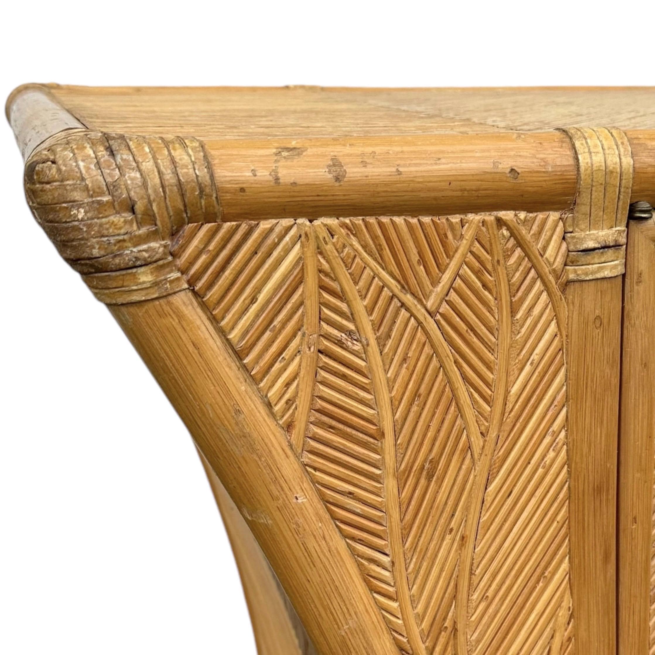 Bamboo Sideboard with Sculptural Winged Sides and Geometric Split Reed Details 72” Long - Vintage Coastal Rattan Wood Credenza - Thumbnail 4