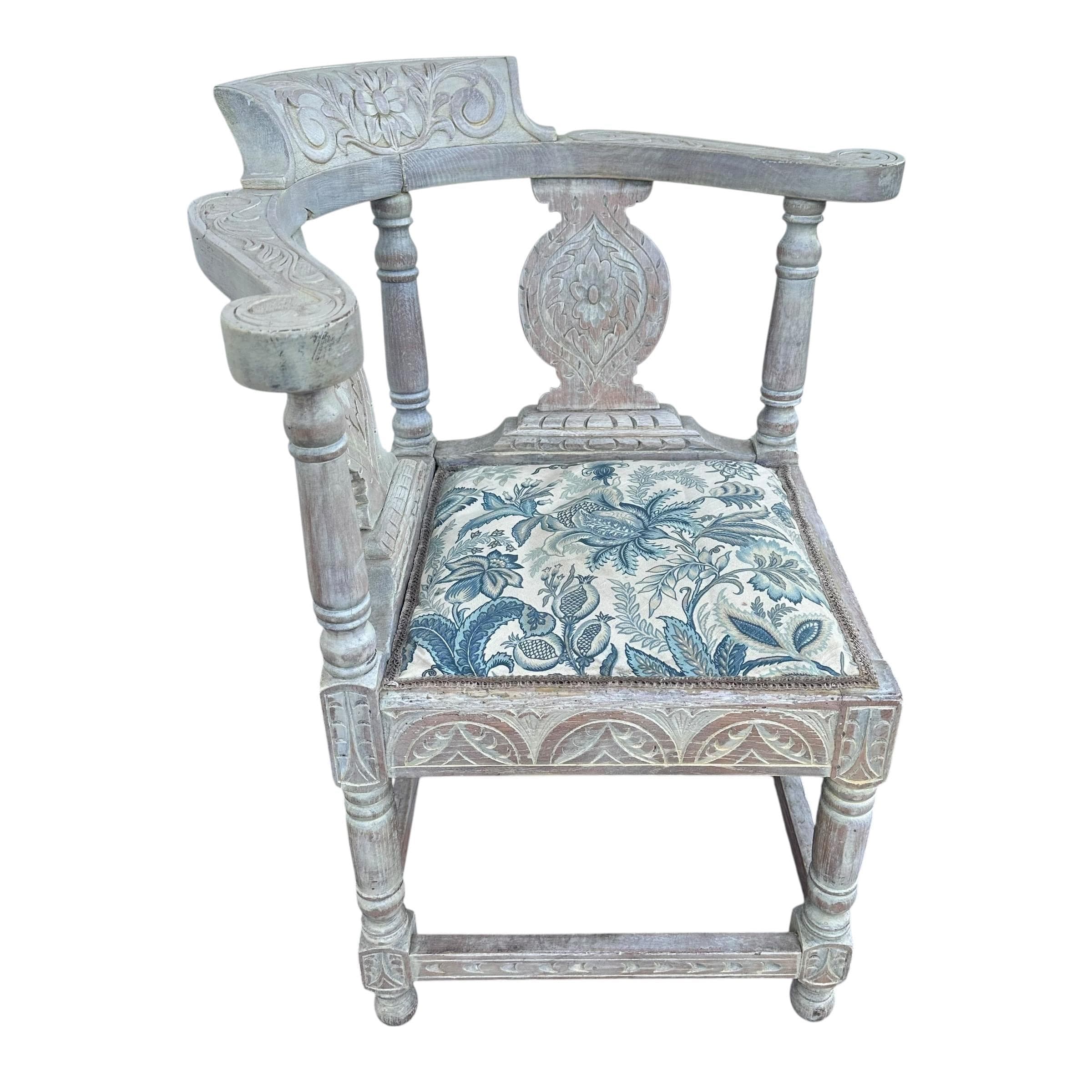 Vintage Carved Wood Corner Chair: Blue Floral Upholstered Accent Armchair - Thumbnail 8