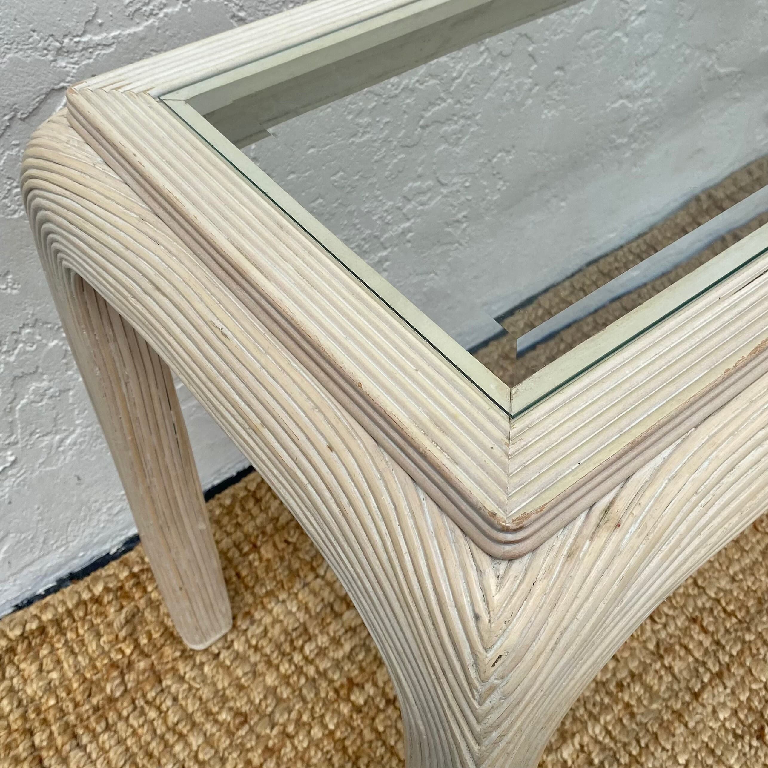 Pencil Reed Console Table with Waterfall Edges & Beveled Glass Top - Vintage Hollywood Regency Postmodern Furniture - Thumbnail 4