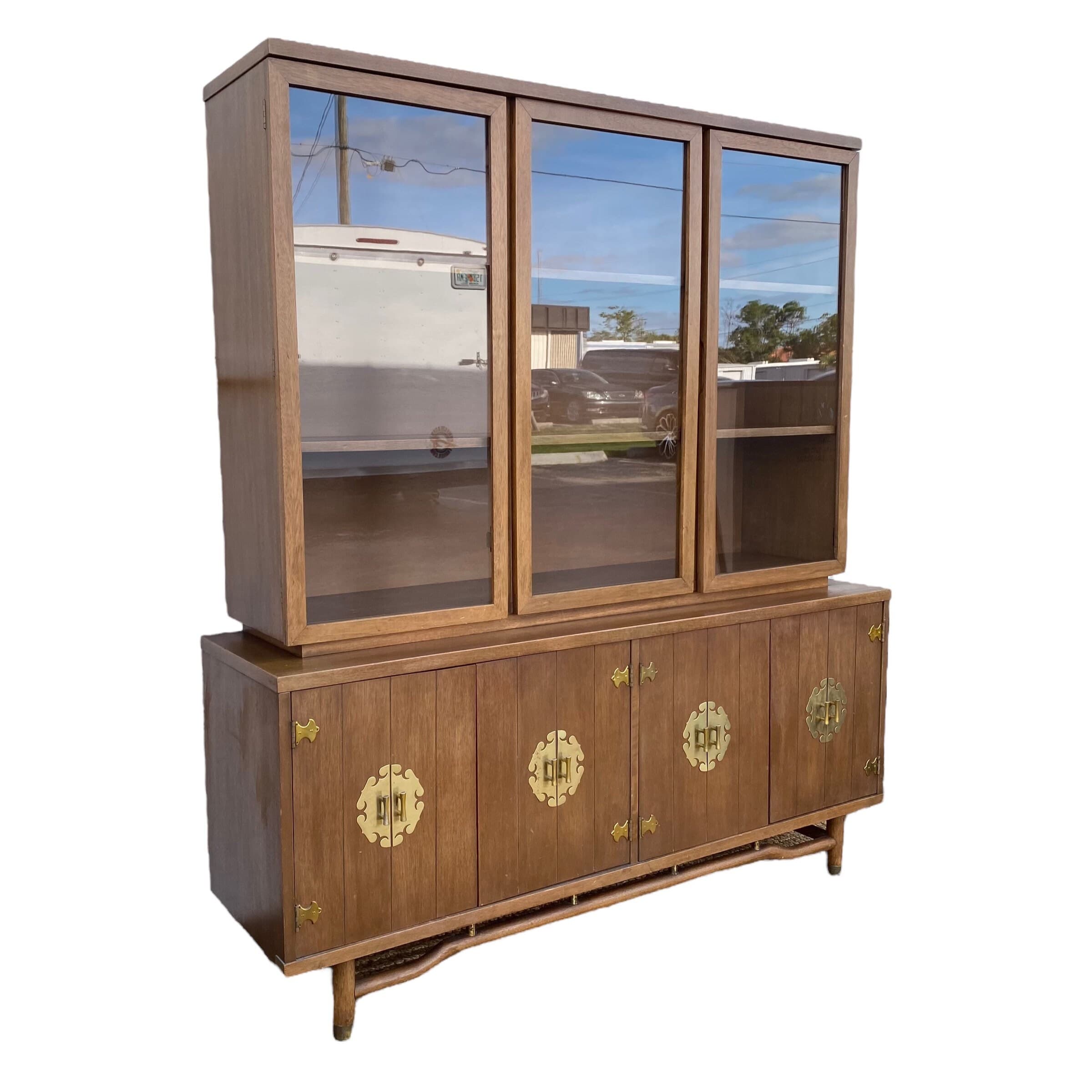 Chinoiserie China Cabinet with Asian Style Brass Hardware, Wood & Glass Display Hutch - Vintage Mid-Century Modern MCM Furniture - Thumbnail 3