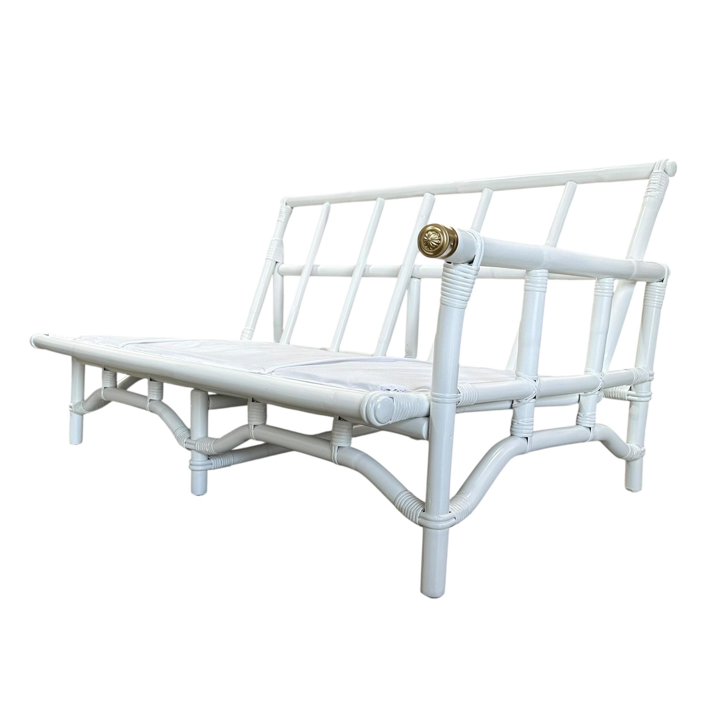 Ficks Reed White Rattan Sofa 50” - Vintage 1950s Midcentury One Arm Settee with Brass Floral Cap - John Wisner Loveseat - Thumbnail 2