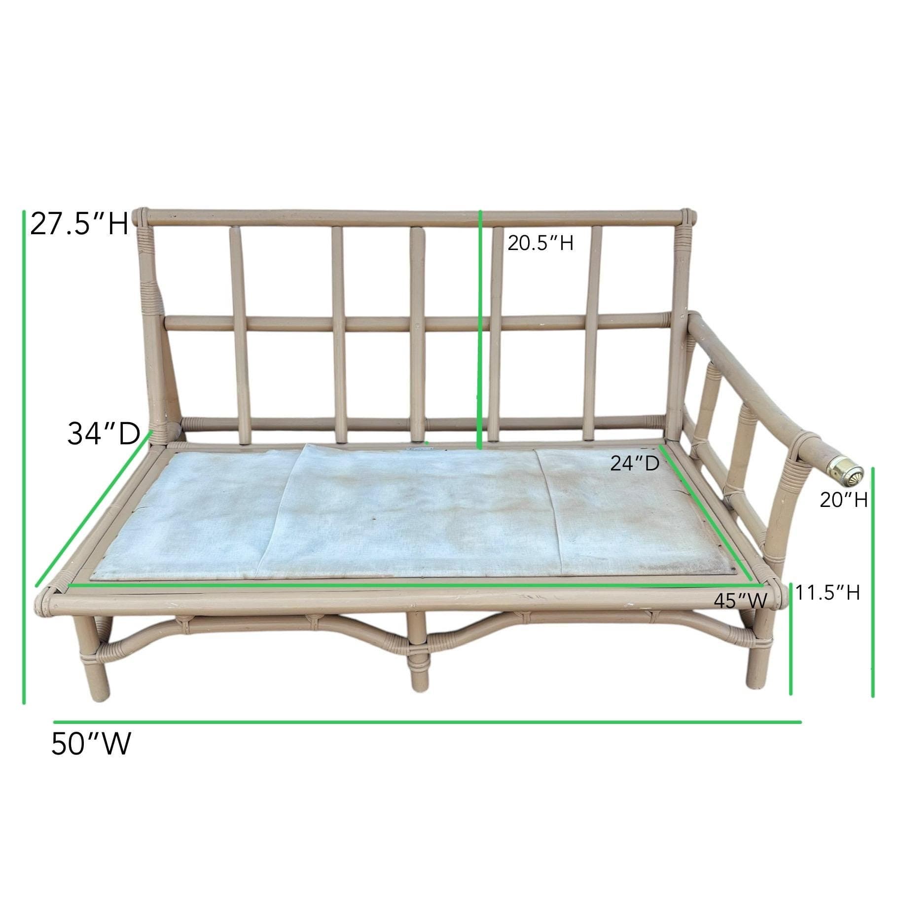 Ficks Reed White Rattan Sofa 50” - Vintage 1950s Midcentury One Arm Settee with Brass Floral Cap - John Wisner Loveseat - Thumbnail 9