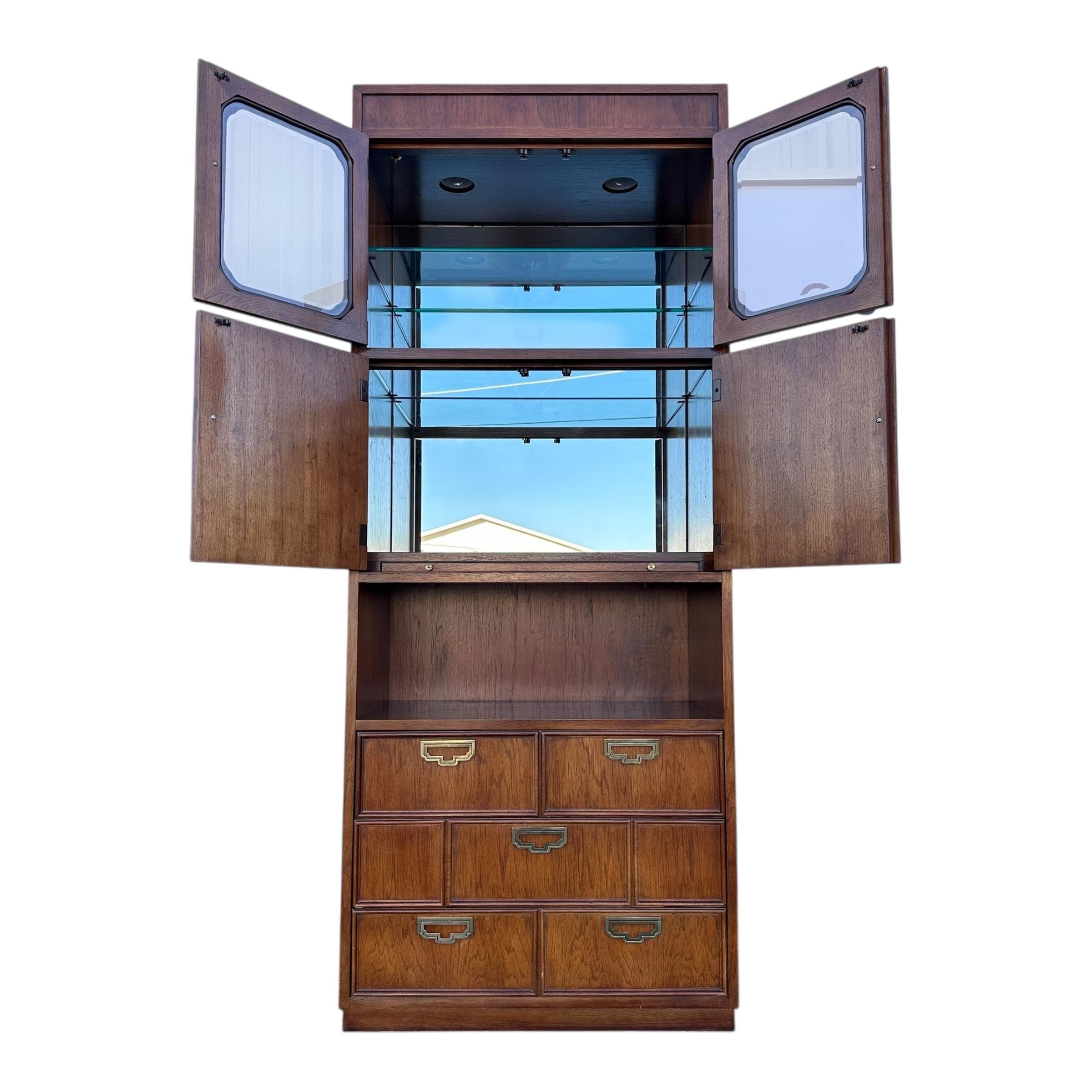 Lighted Bar Cabinet by Thomasville Mystique- Vintage Chinoiserie Asian Style Wood, Mirror Glass & Brass Storage Case, Drawers, Display Shelf - Thumbnail 2