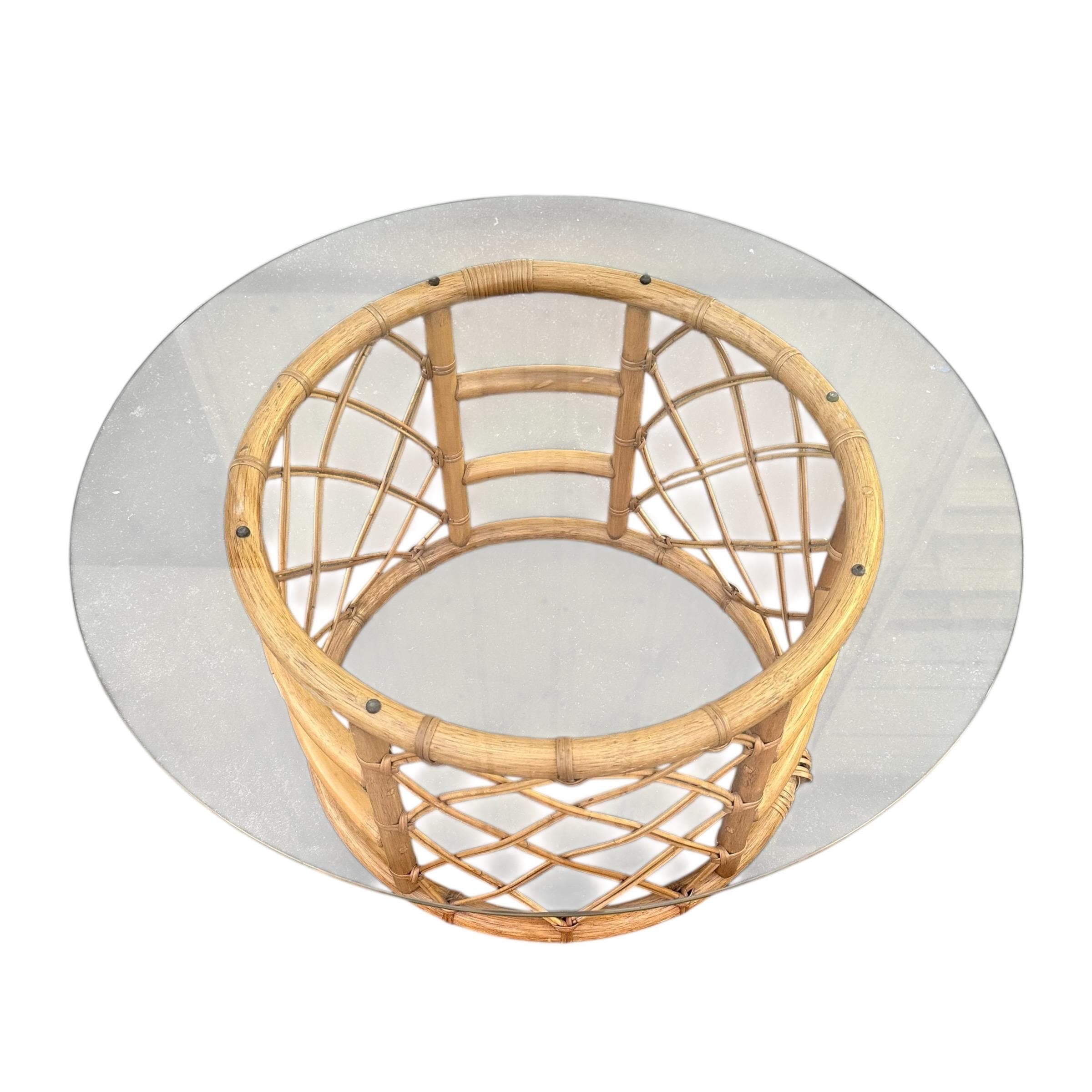 Vintage Rattan Coffee Table with Glass Top - Round Natural Coastal Boho Palm Beach Style - Thumbnail 2