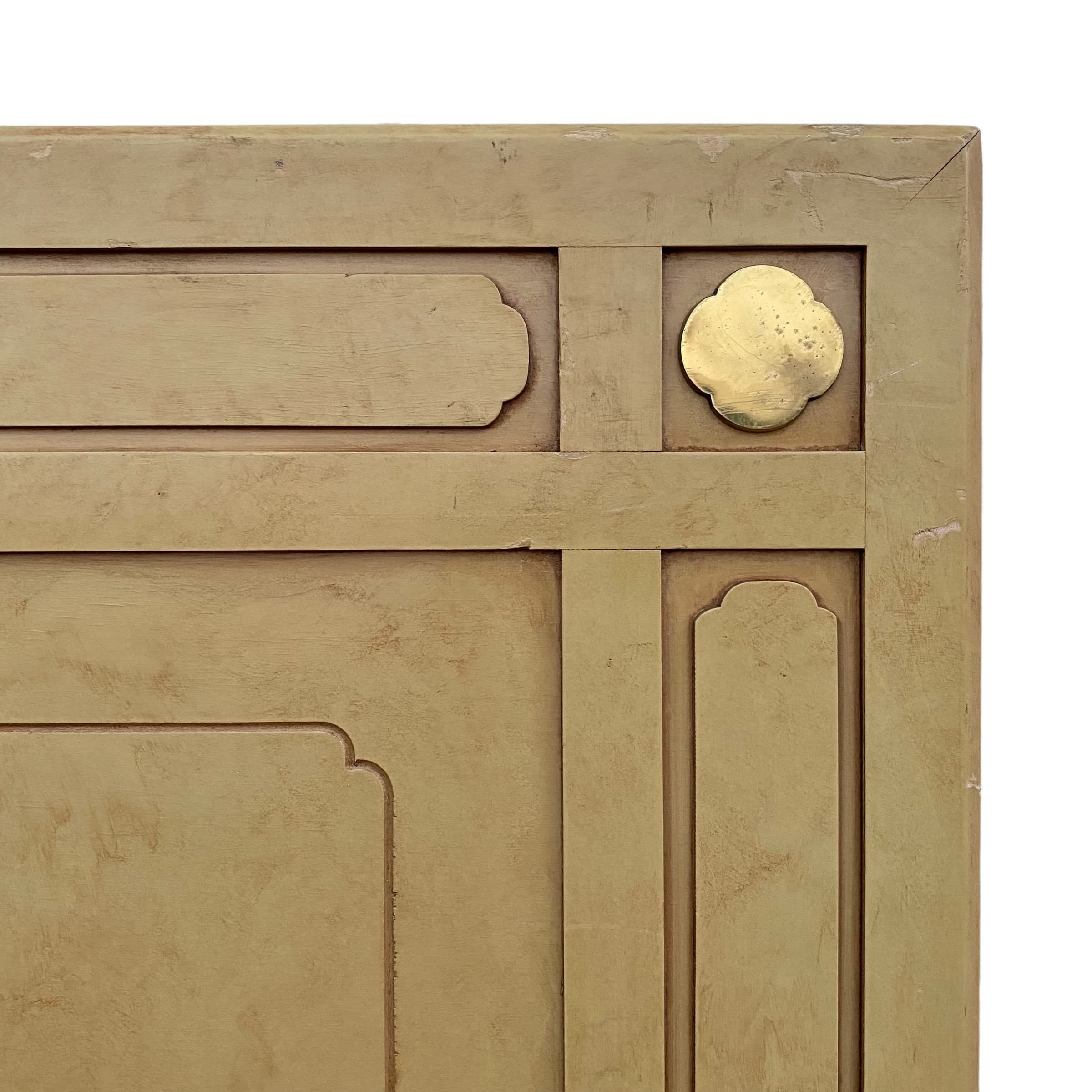 Vintage Chinoiserie King Headboard in Tan and Gold Brass Details - Asian Style Bedroom Furniture - Thumbnail 6