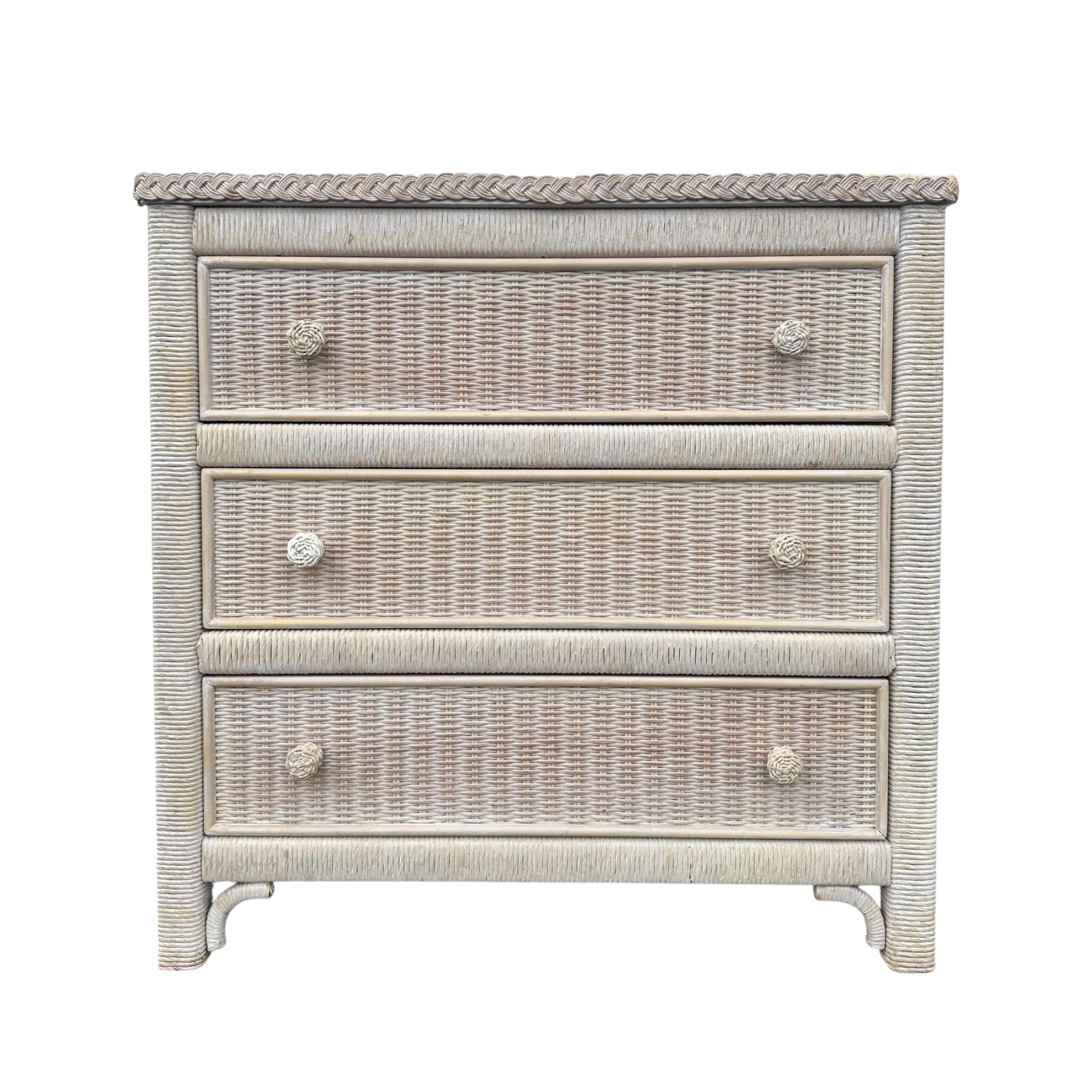 SOLD Natural Wicker Nightstand Chest by Henry Link 30” Tall - Vintage Coastal Rattan Boho Chic 3 Drawer Dresser & Glass Table Top - Image 1