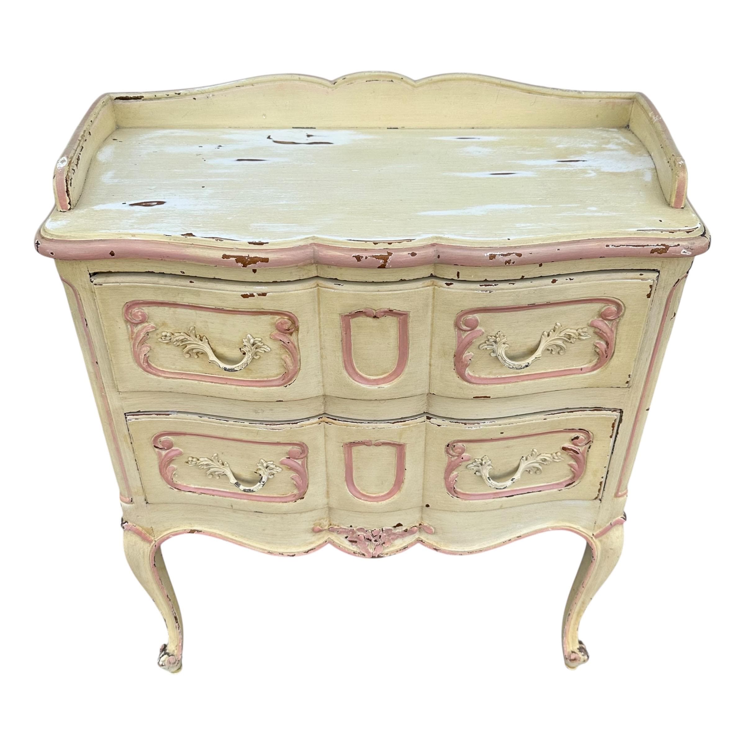 Vintage Romantic Nightstand - Distressed Pink & Creamy White Louis XV Wood Commode - French Provincial Shabby Chic Chest with Cabriole Legs - Thumbnail 3