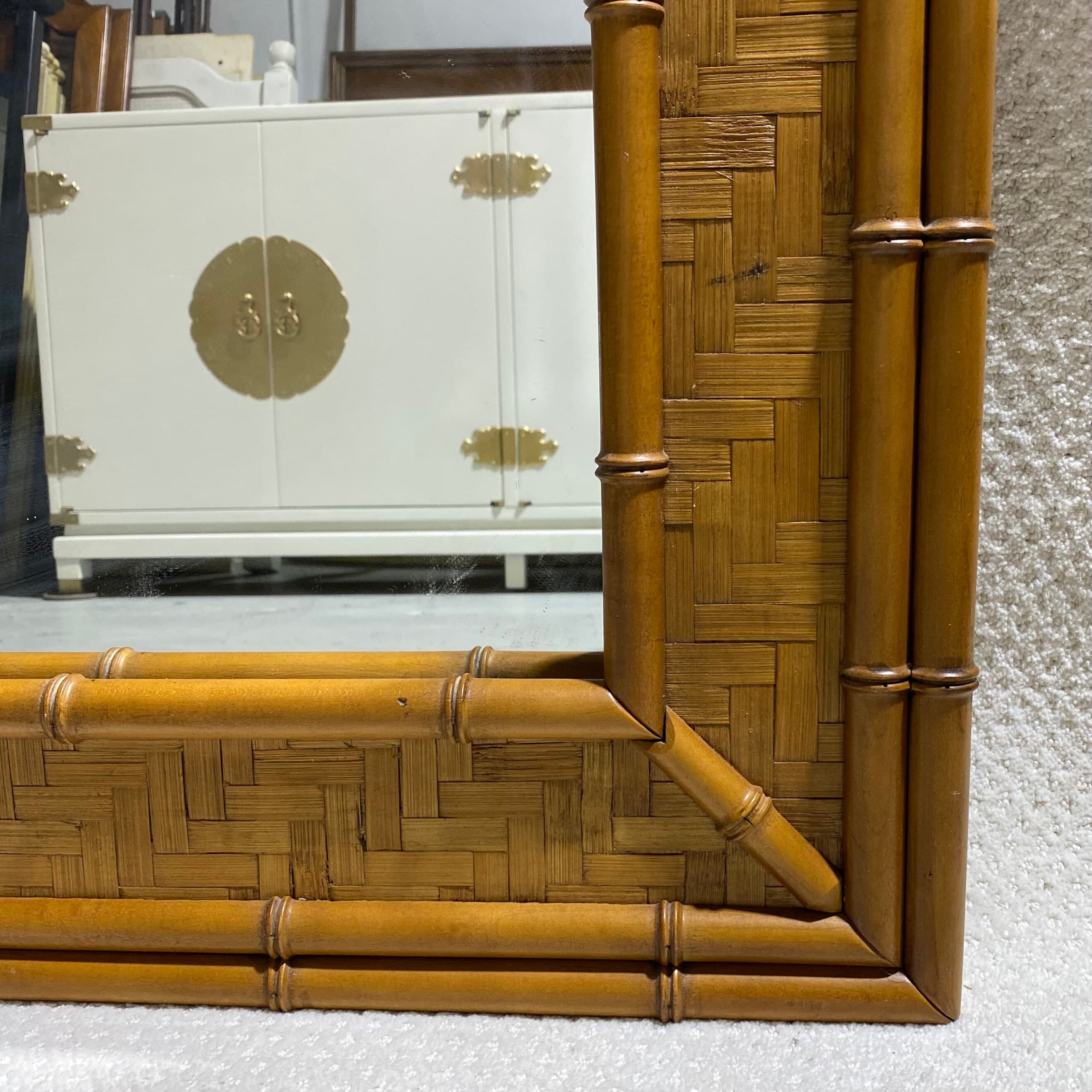 Faux Bamboo Rattan Mirror by Dixie 47x33 LOCAL PICKUP Vintage Herringbone Rectangular Natural Boho Chic Coastal Hollywood Regency - Thumbnail 6