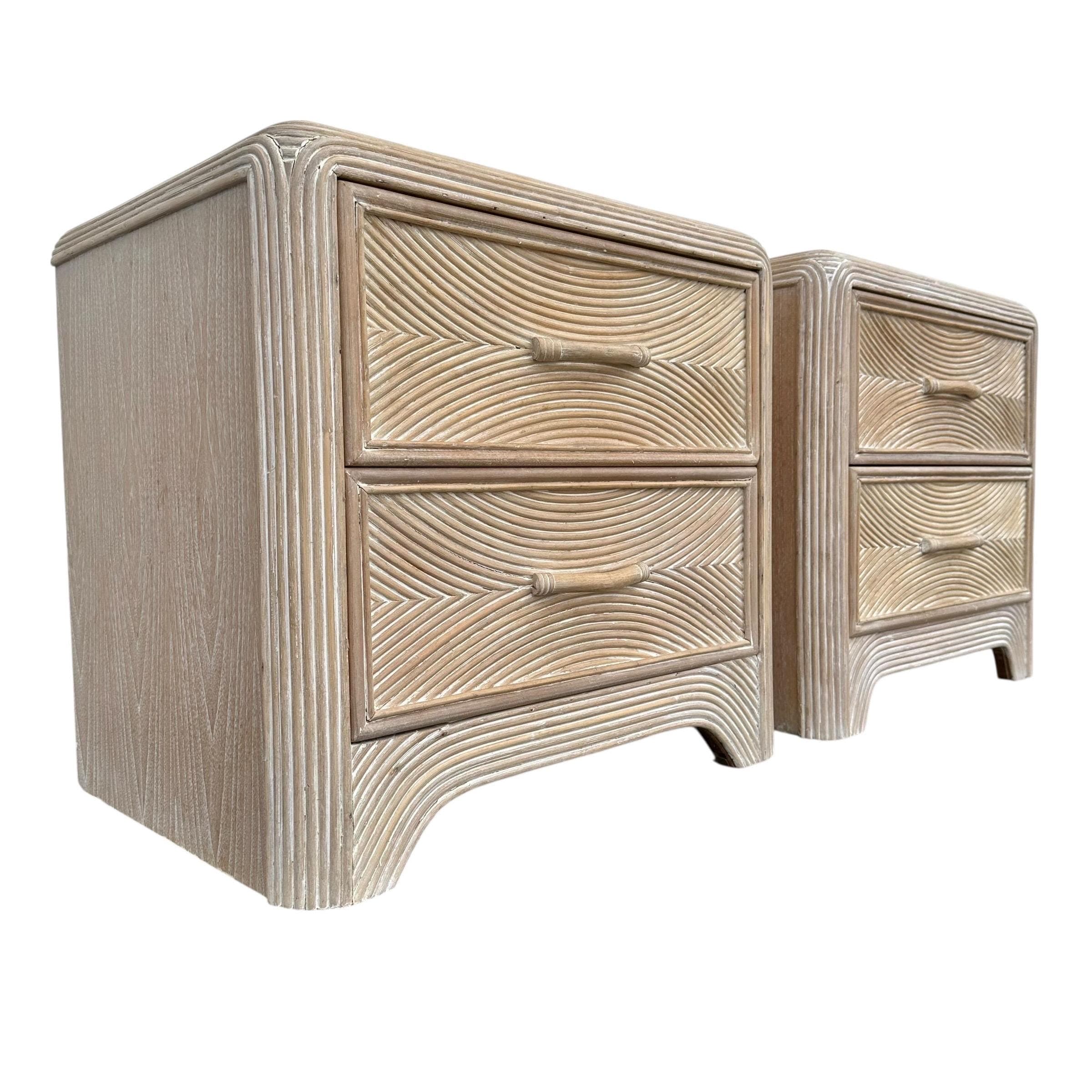 Set of 2 Pencil Reed Nightstands FREE SHIPPING - Vintage Split Rattan White Wash Wood Waterfall Hollywood Regency Coastal Tables Pair - Thumbnail 10