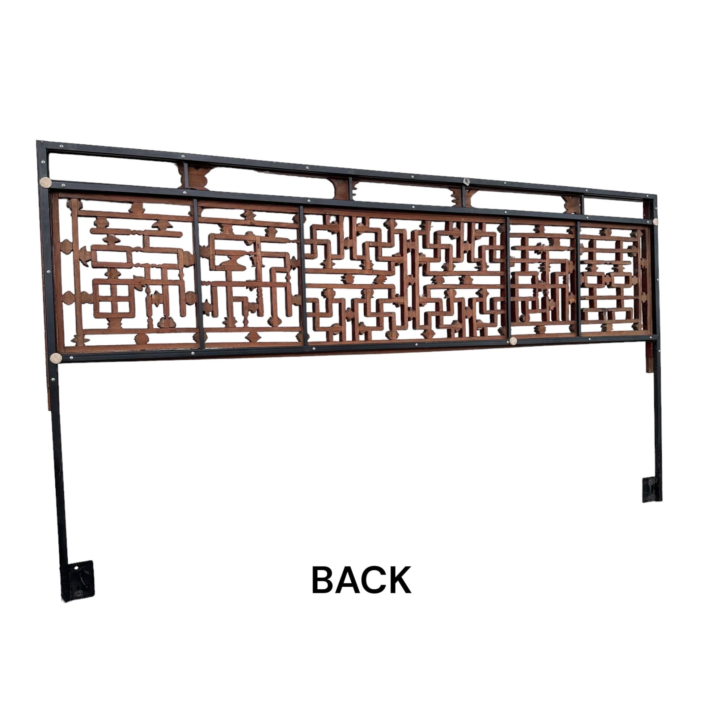 Vintage Chinese Chippendale King Headboard with Hand Carved Wood Fretwork Floral Details in Antique Asian Red & Gold and Steel Support Frame - Thumbnail 8