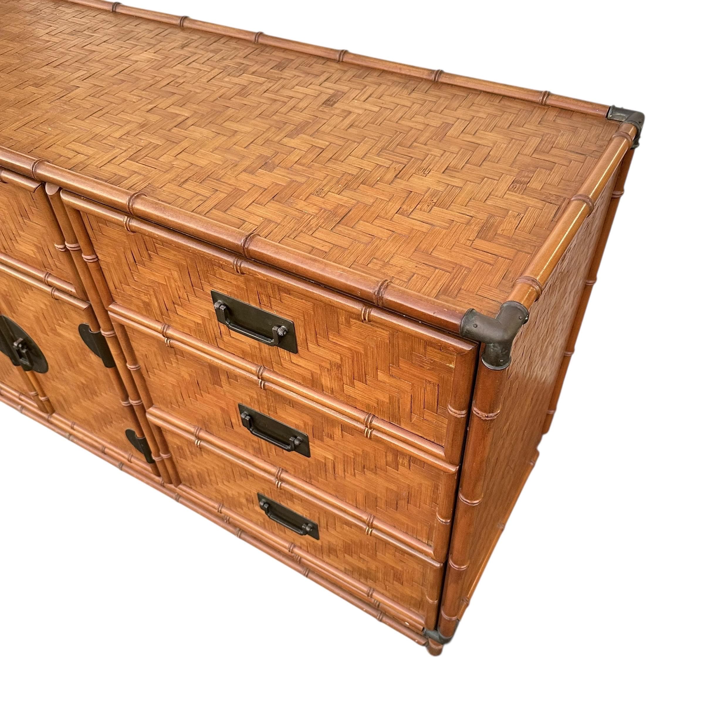 Rattan Dresser by Dixie with Faux Bamboo, Woven Herringbone Wicker & 9 Drawers - Vintage Campaign Hollywood Regency Coastal Style Furniture - Thumbnail 7