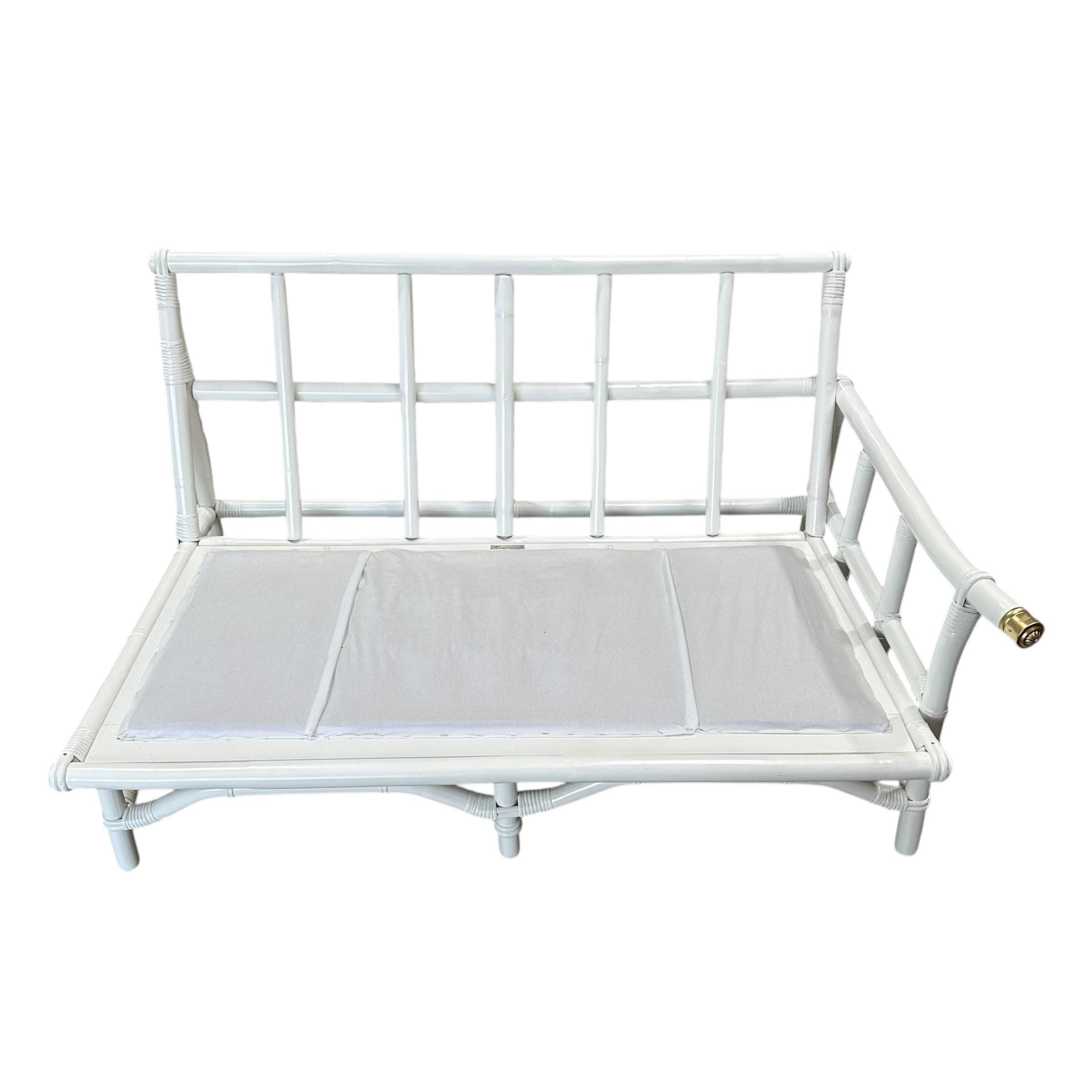 Ficks Reed White Rattan Sofa 50” - Vintage 1950s Midcentury One Arm Settee with Brass Floral Cap - John Wisner Loveseat - Thumbnail 7